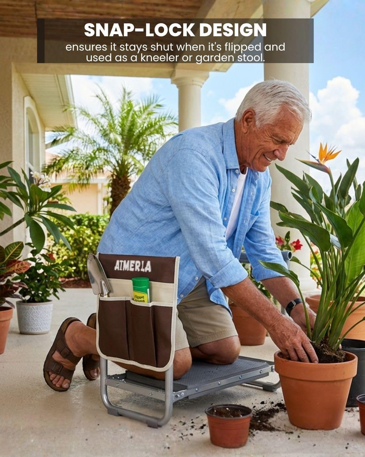 aimerla foldable garden kneeler seat heavy duty [upgraded widened thick kneeling pad] garden stool with large garden tool bags with pockets - portable garden bench gardening gifts for parents k3-brown