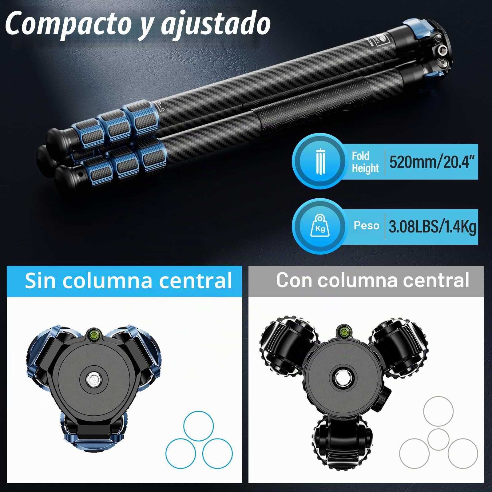 SIRUI AM-324 Trípode Profesional de Fibra de Carbono, 4 Secciones, Altura 145cm, Carga 18kg - Compatible con Cámaras Mirrorless y DSLR - Diseño Compacto sin Columna Central