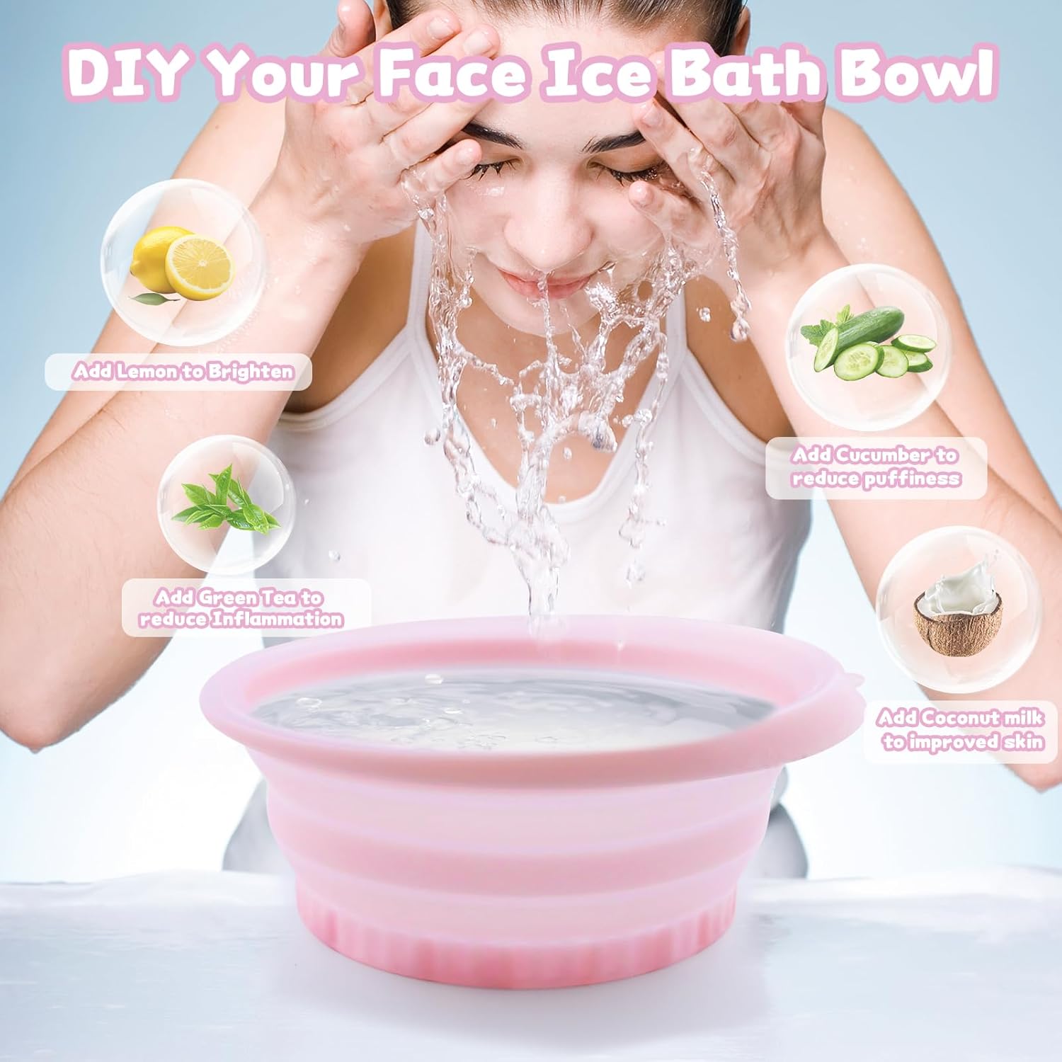 Face Ice Bowl with Built-in Tray, Silicone Facial Bath for Skincare to Soothe Pores and Reduce Puffiness, Cold Plunge Tool with Spa Headband and Wristbands, Pink - Image 3