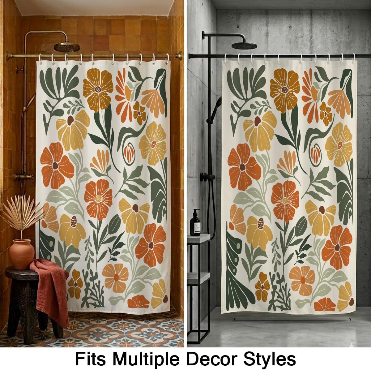 Boho Floral Shower Curtain Stall Small Half Single Mini Vintage Retro Orange Flower Cute Colorful Fun Abstract Pretty Aesthetic Fabric Cloth Bathroom Decor Set 36x72 inch Polyester 7 Hooks image 3