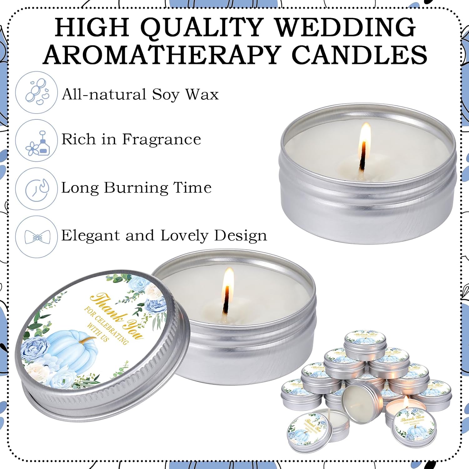 MTLEE 50 Pcs Baby Shower Candles Scented Soy Wax Tin,Blue,Boys Pumpkin image 5