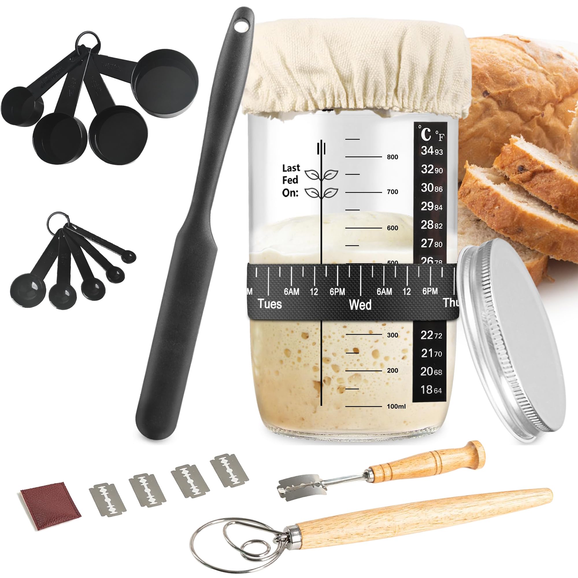 Sourdough Starter Kit 1000ml Tarro de Fermentación con Cuchillo de Panadero y Batidor de Masa Accesorios de Panadería