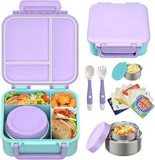 Kids Bento Lunch Box with 9oz Soup Thermo Leakproof Lunch Food Containers 4 Compartment with Insulated Hot Food Jar for Kid Toddler Girls Boys to School, Trvael