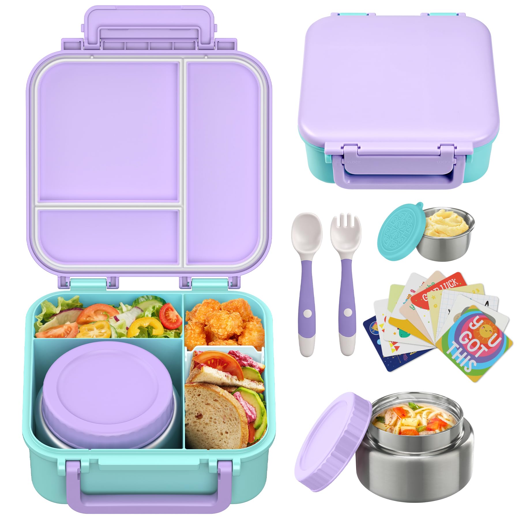 Kids Bento Lunch Box with 9oz Soup Thermo Leakproof Lunch Food Containers 4 Compartment with Insulated Hot Food Jar for Kid Toddler Girls Boys to School, Trvael