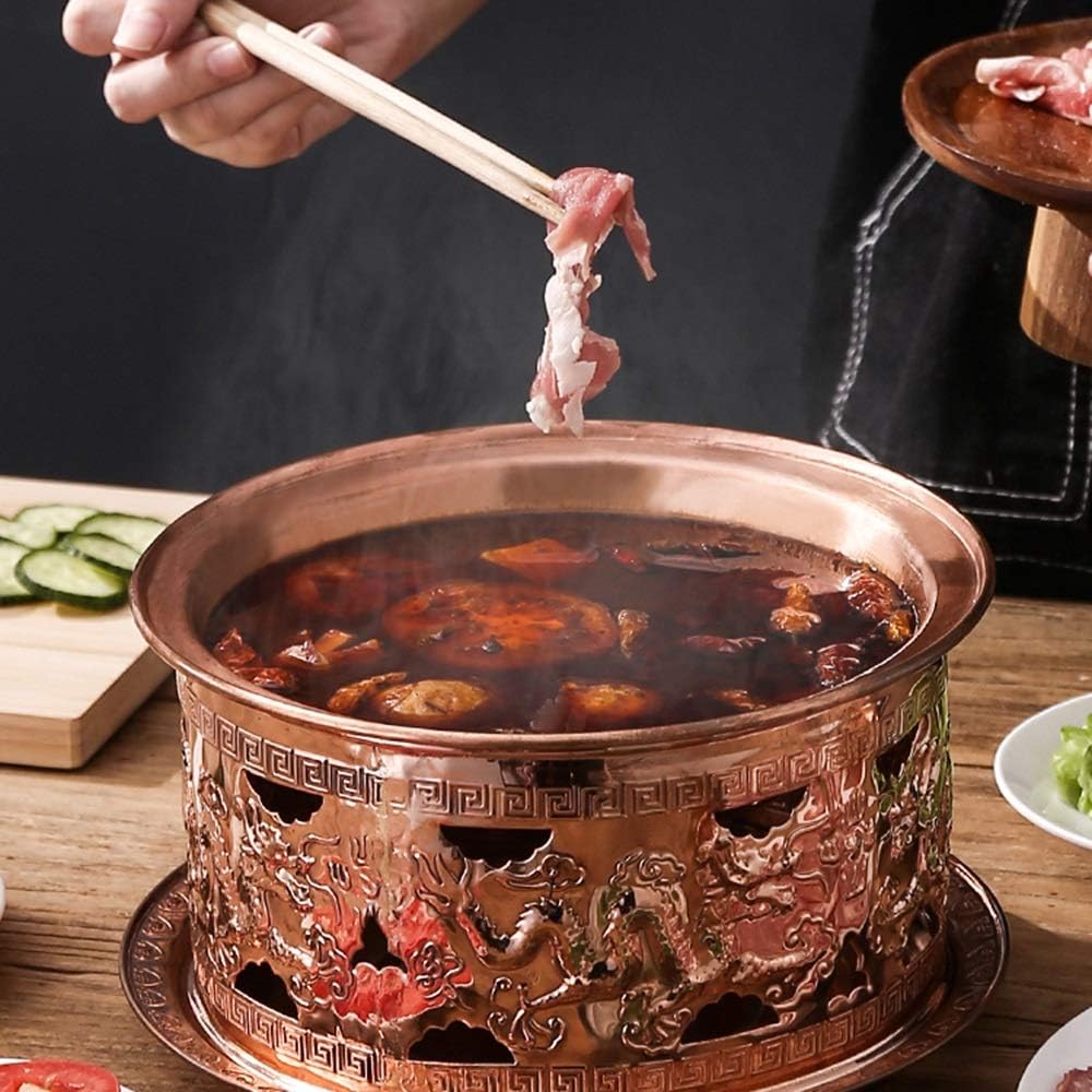 Copper hot Pot， Chinese Mongolian Multi-Person Hot Pot Pure Copper Thickened Beijing Wine and Meat Hot Pot Alcohol Heating Environmental Protection and Hygiene Suitable for,