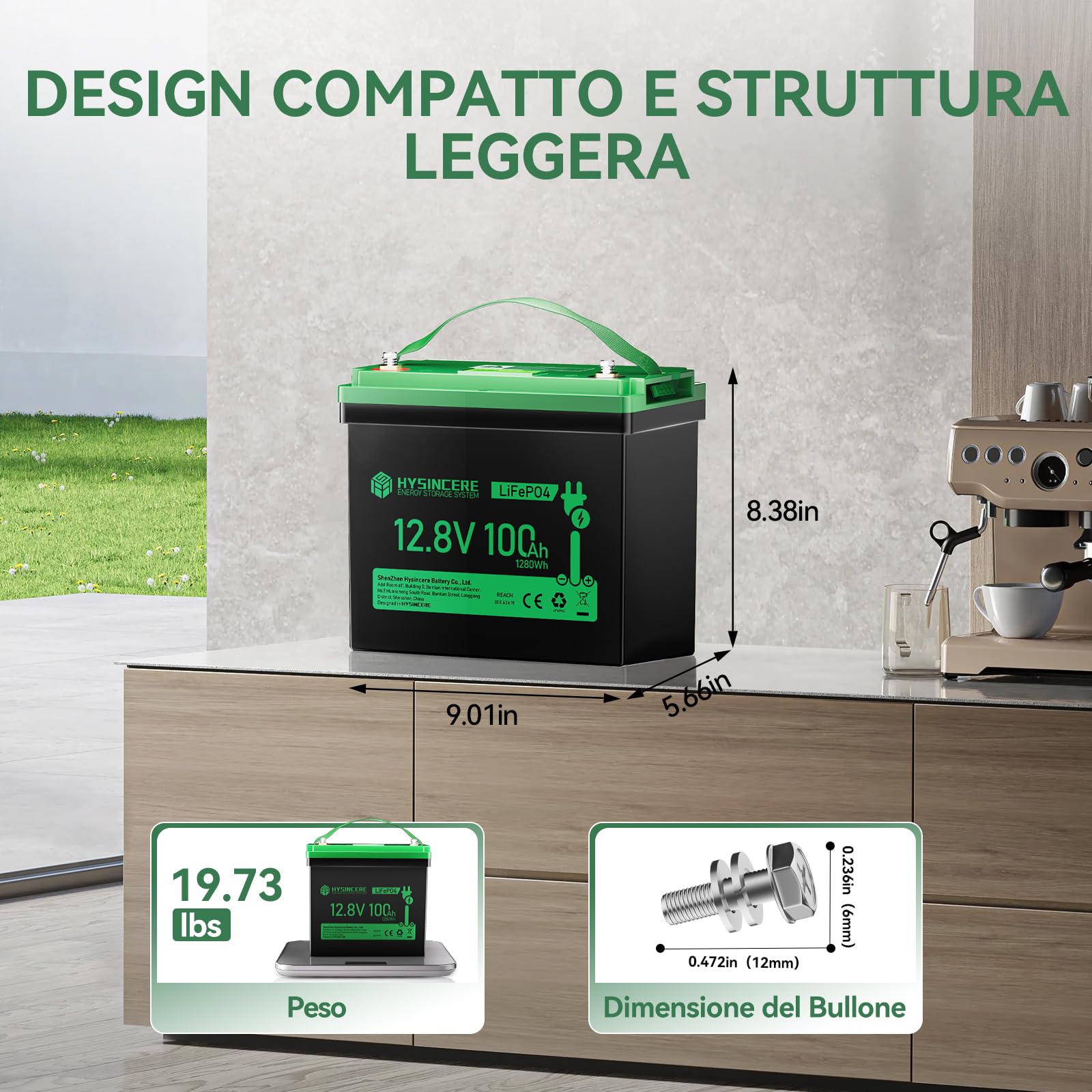 Batteria Litio Mini LiFePO4 12V 100Ah con LED, 100A Intelligente BMS & Max. 15000 cicli, 12 Volt Deep Cycle 1280 Wh ricaricabile per camper, campeggio, sistemi a casa solare, barche