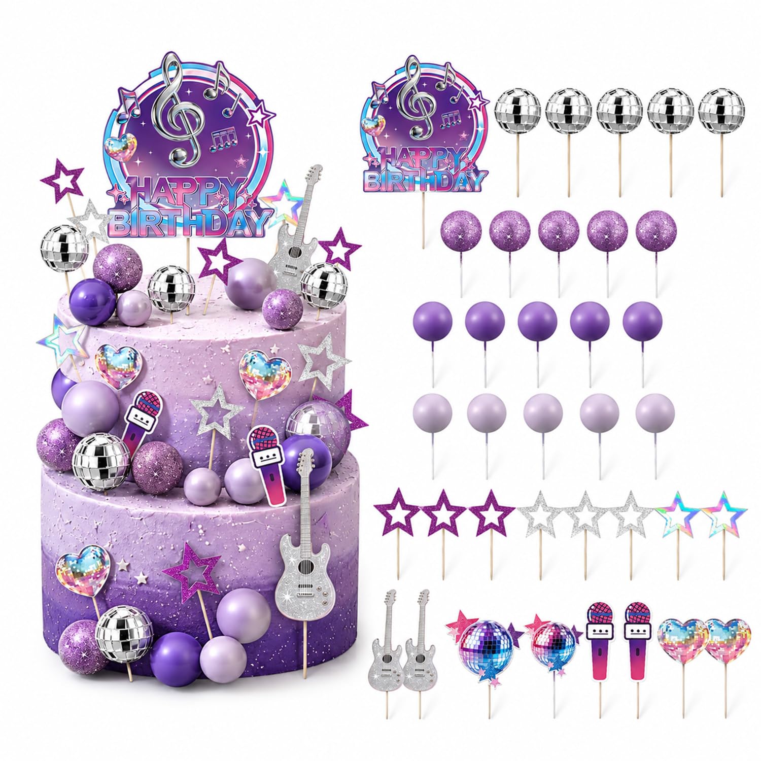 38Pcs Purple Disco Ball Cake Topper, Kpop Cake Decorations Including Happy Birthday Cake Topper, Heart, Ball, Microphone, Star Cake Decor for Birthday Disco Party Supplies