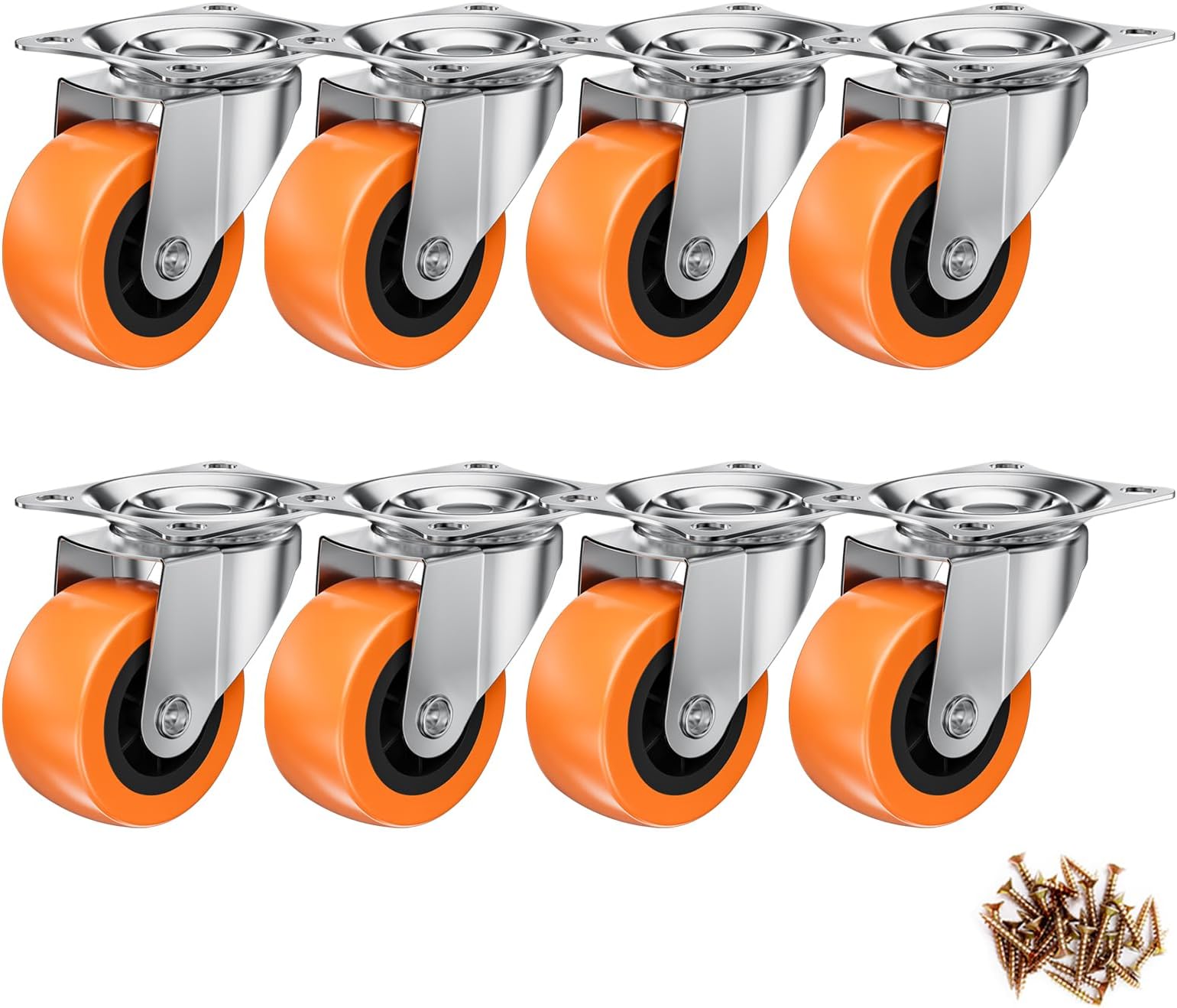 1.5 Inch Casters, ASHGOOB Caster Wheels/Casters Set of 8, 360° Swivel Universal Plate Caster Wheels for Storage Box/Small Furniture/Kitchen Appliances, Orange Polyurethane (PU) Castors (8 Pack)