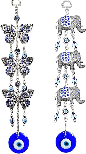 Decoración colgante de ojo malvado azul amuleto nazar para colgar en la pared, protección del hogar y decoración de bendición (elefante + mariposa)