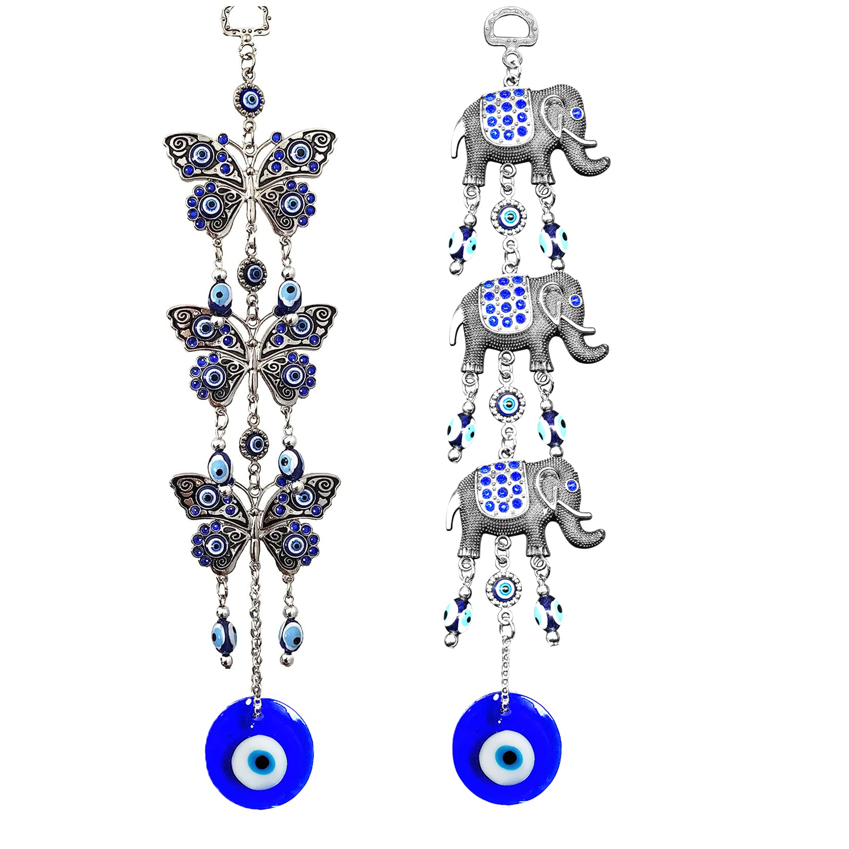 Blue Evil Eye Hanging Decoration Nazar Amulet Wall Hanging Home Protection and Blessing Decor (Elephant+Butterfly)