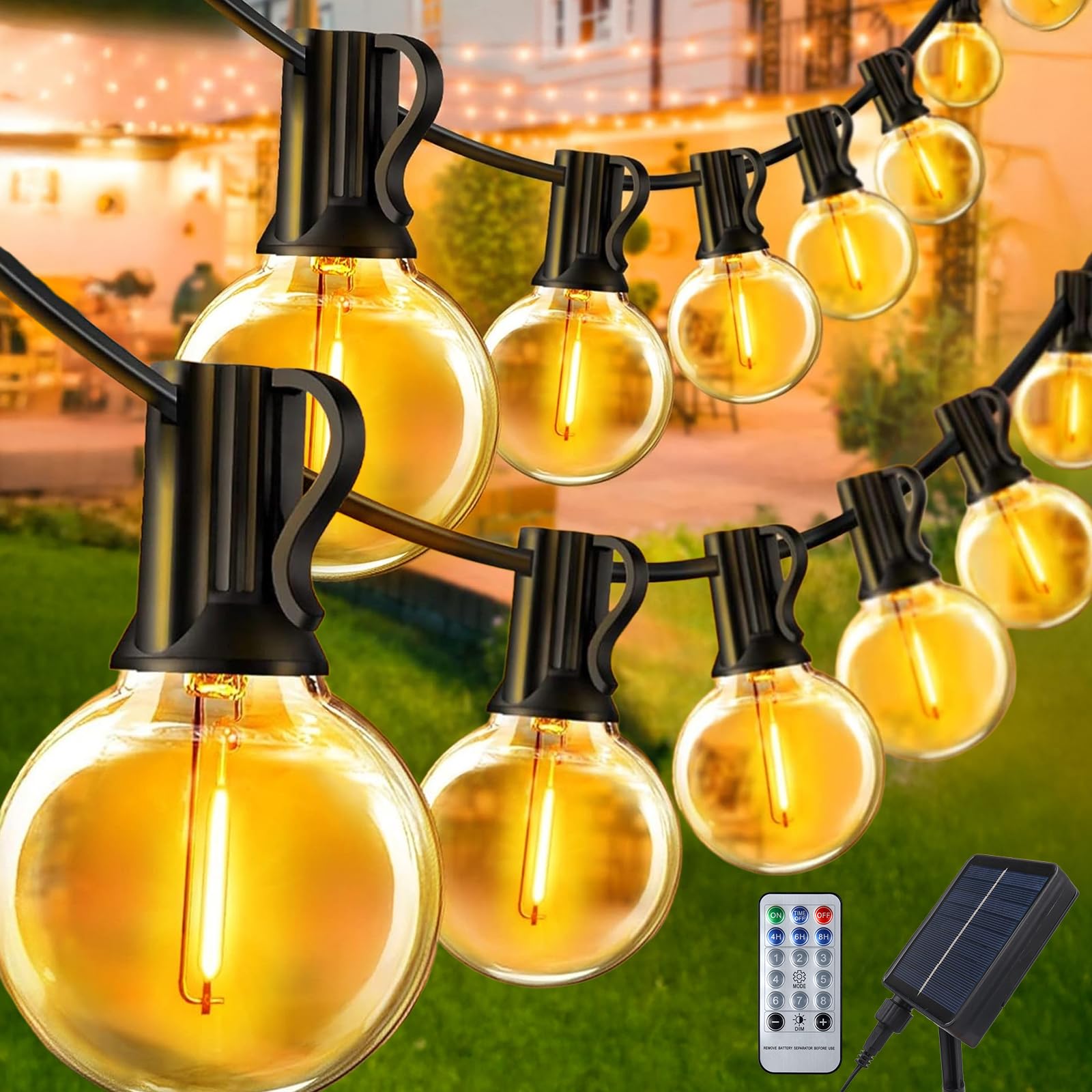 JIMACRO 39.4 FT Solar Festoon String Outdoor Garden Lights，8 Modes Solar G40 Outside Electric Light, Solare Shatterproof Outside Lighting G40 Bulbs Hanging with Remote Control for Balcony Gazebo Patio