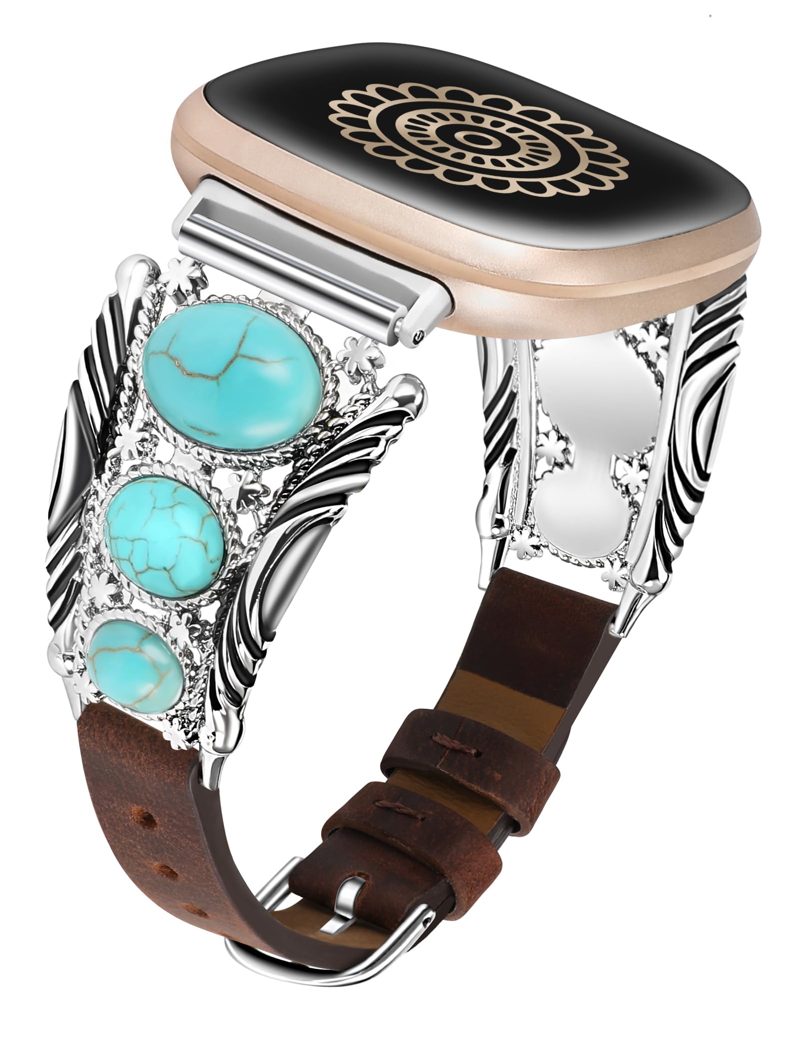 Minyee Leather Band Compatible with Fitbit Versa 4/Versa 3/Sense 2/Sense Band Women, Western Turquoise Boho Vintage Cowboy Retro Jewelry Adjustable
