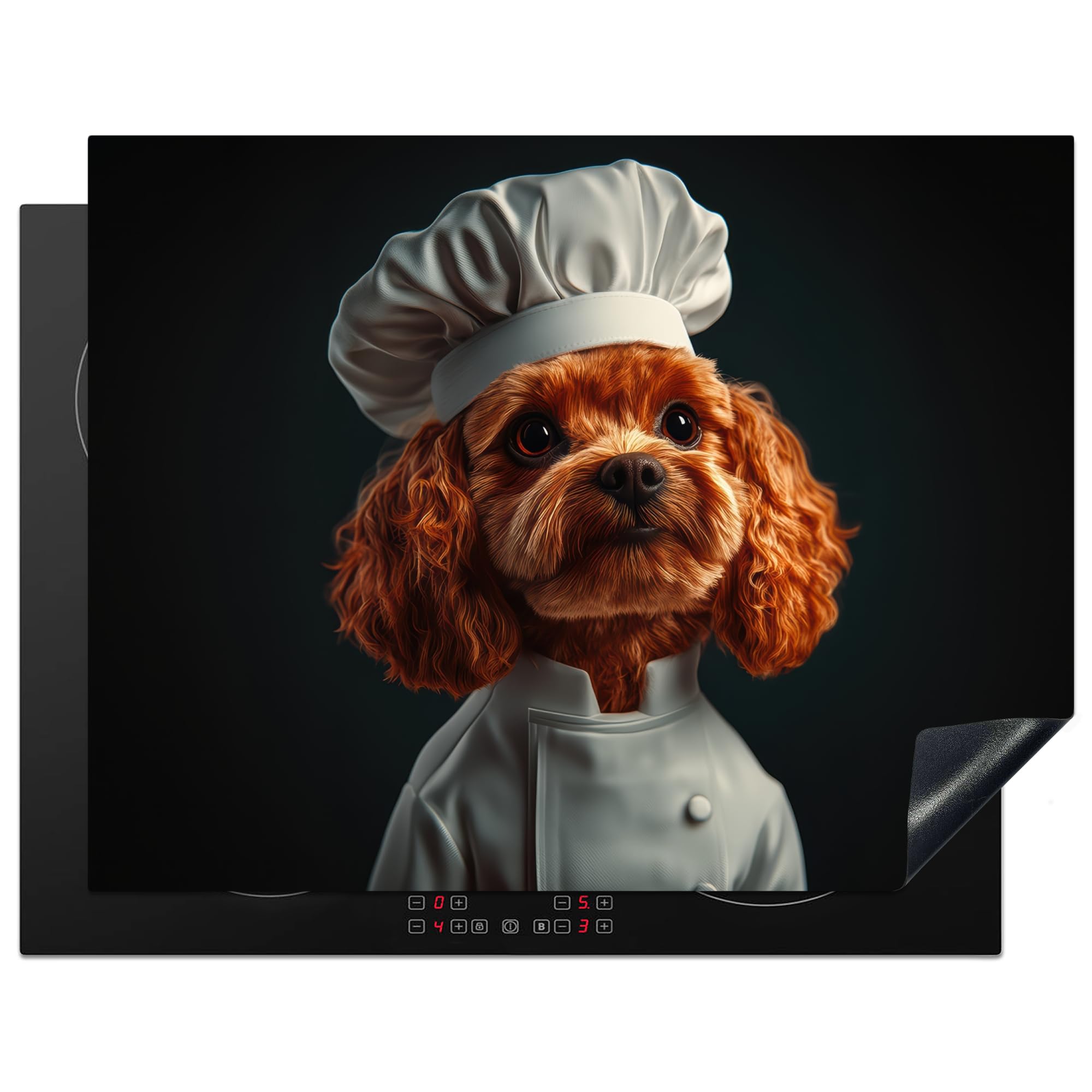 KitchenYeah© Induction Hob Cover Protector Mat 23.2"x30.3" / 77x59 cm Kitchen Universal Ceramic Covers for Electric Cookers Vinyl Brown - Chefs Hat - Dog — image 1
