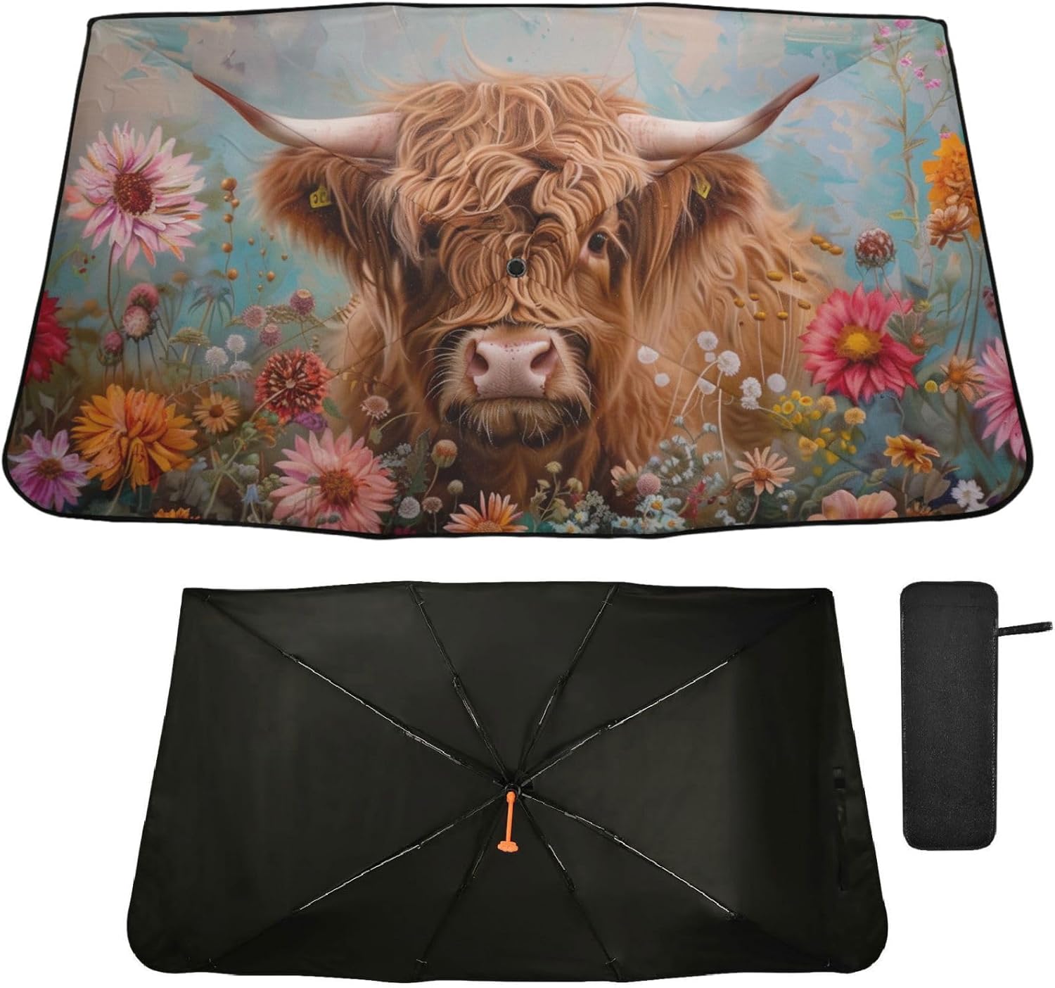 Strawberry Windshield Sun Shade Umbrella Fruit Flowers Leaves Foldable Car Front Window Sunshade Blocks UV Rays Heat Keep Vehicle Cool (55" x 27.5")