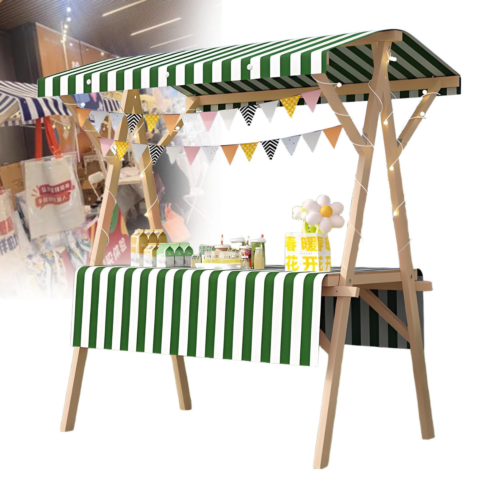 Soporte portátil de madera para alimentos, ligero, plegable, con toldo para mercados callejeros y de agricultores, ferias de manualidades, eventos al aire libre, negocios de catering