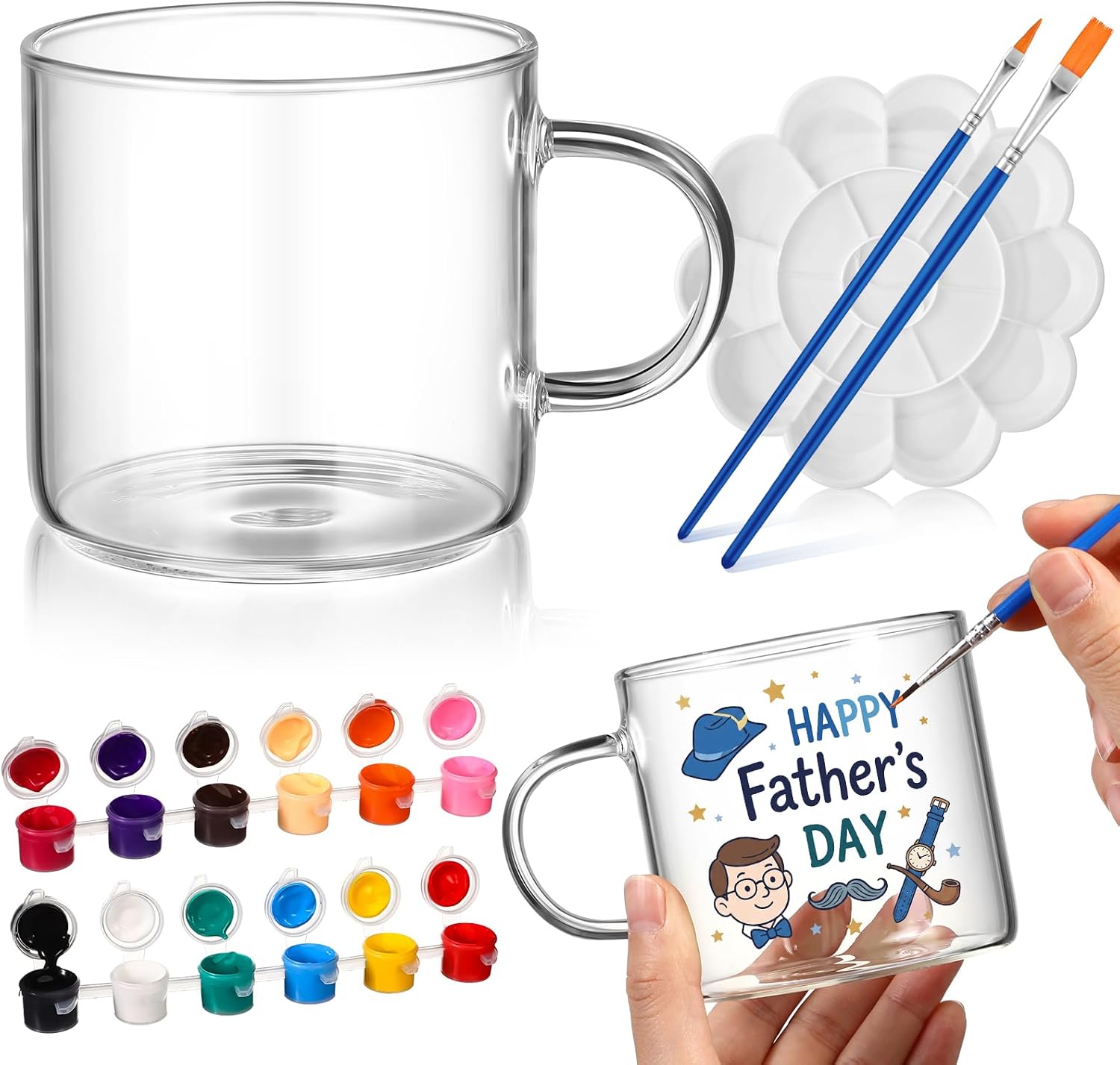 Soulchen 7 Pcs Mother's Day DIY Mug Paint Your Own Mug Kit Include 2 Paintable Mugs 2 Paintbrush 2 Acrylic Paints 12 Color and 1 Palette Tray Coffee Clear Glass Cup Decorating Set Craft Project
