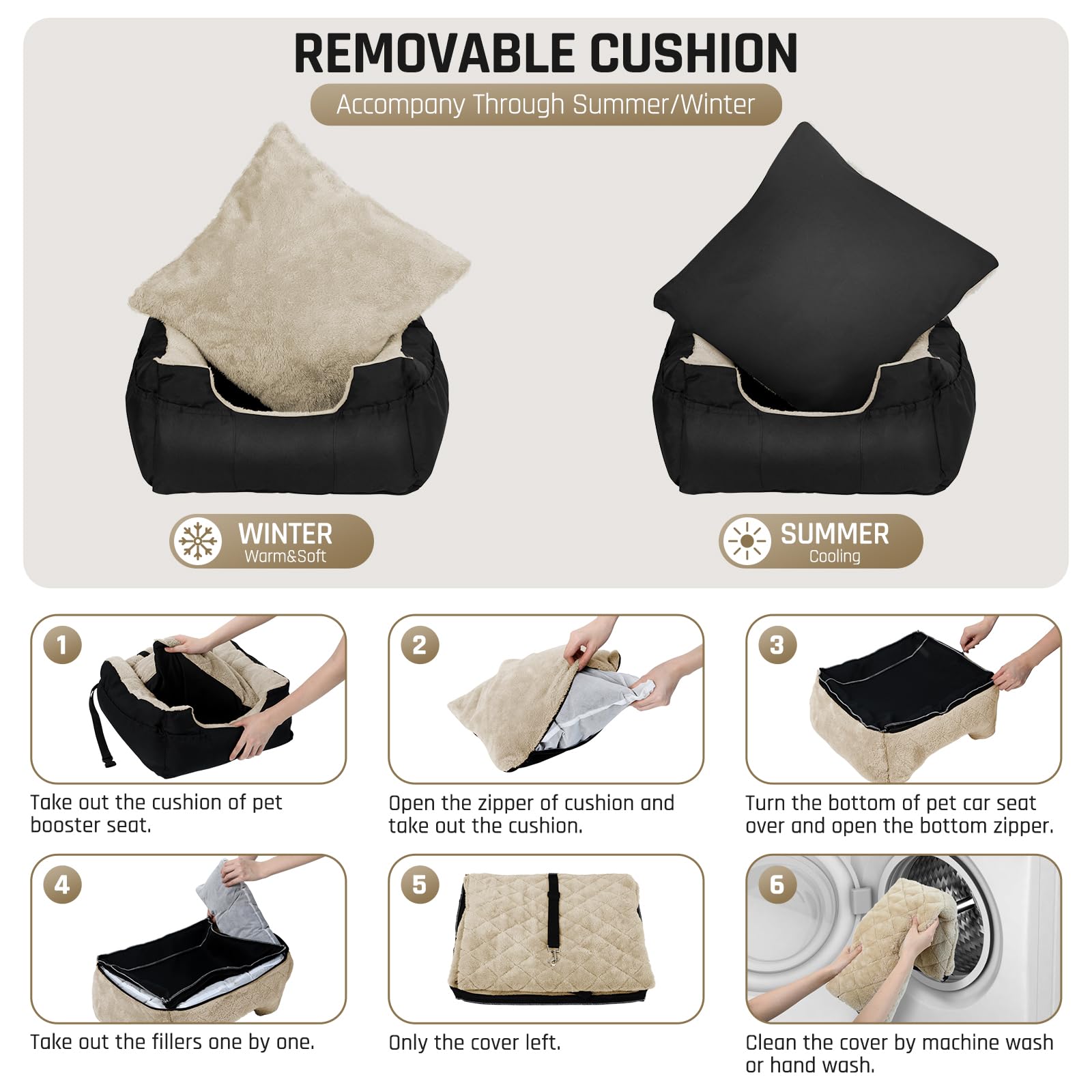 FUNNIU Dog Car Seat for Small Dog, Fully Detachable Washable Pet Car Seat, Dog Booster Seats with Four Storage Pockets Clip-On Leash Portable Dog Car Seats for Small Dogs Under 25 LBS, Beige
