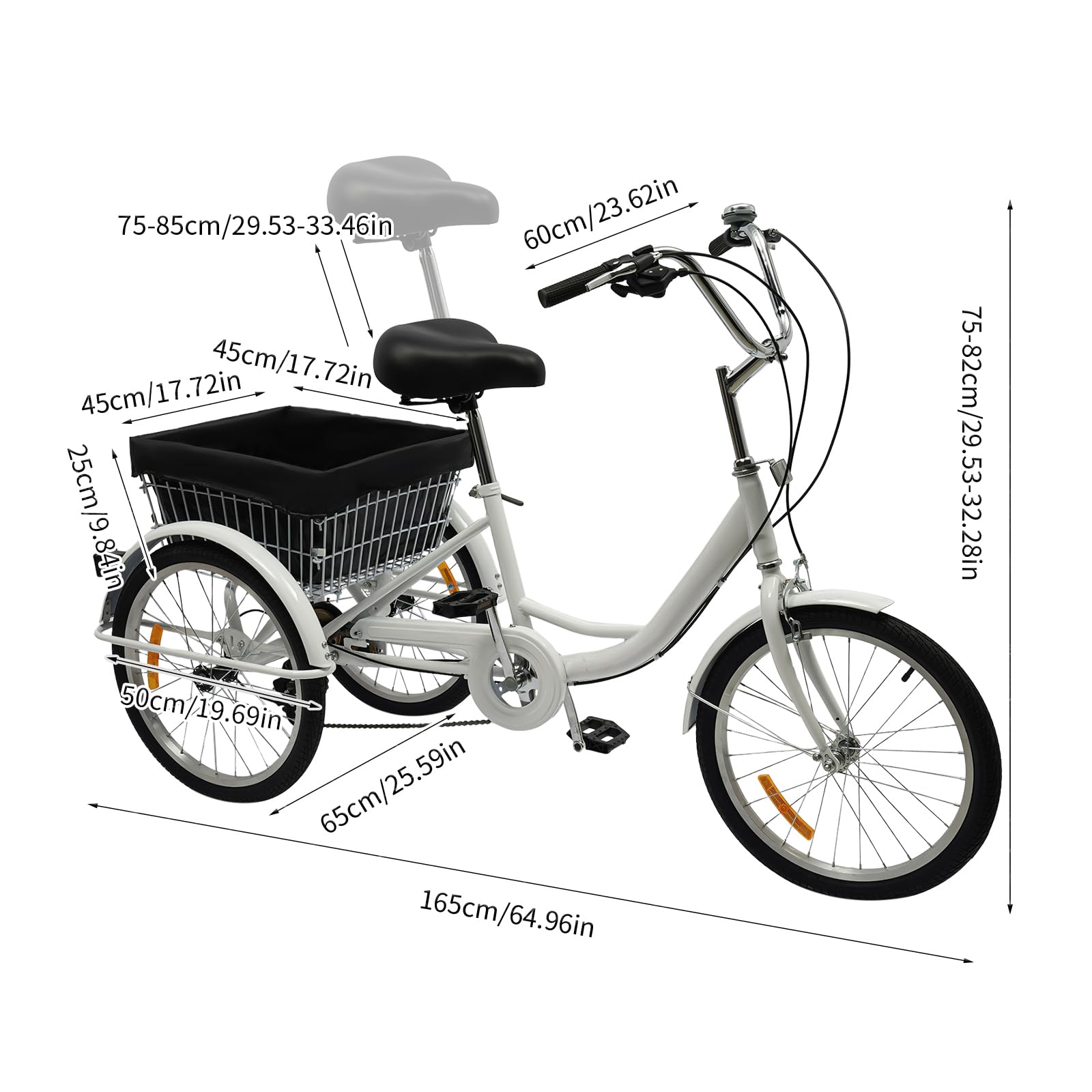Triciclo de 20 pulgadas para adultos, 8 marchas, bicicleta de carga de acero al carbono, bicicleta para personas mayores, con cesta de la compra, altura ajustable, ruedas de ciudad, máx.