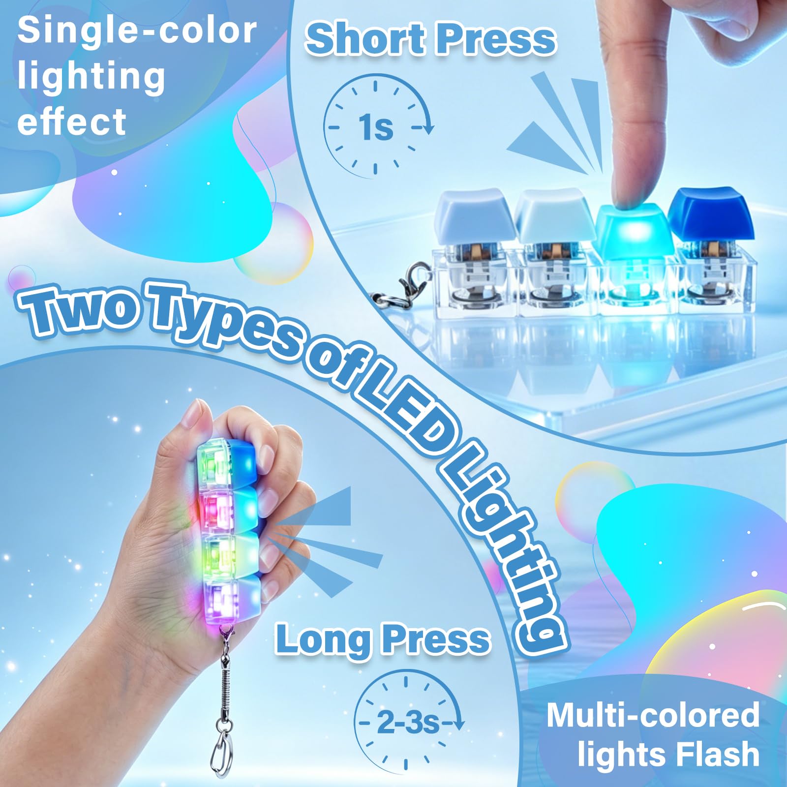 Zabawka Fidget Toys, 2 sztuki, zabawne, kolorowe zabawki fidget dla dorosłych ze światłem LED, klawiatura Fidget Keyboard, breloczek do kluczy, antystresowe, zabawka do strachu, biura, szkoły, podróży