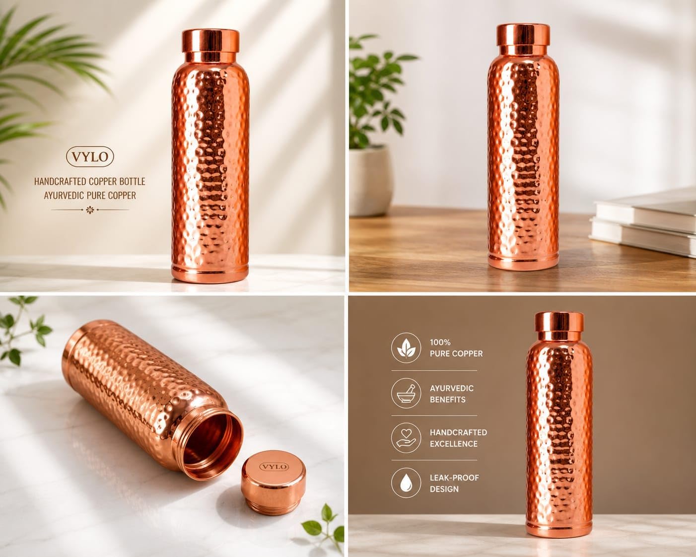 VYLO 100% Pure Copper Water Bottle 34oz(1000ml) | Ayurvedic Drinking Bottle with Leakproof Lid BPA Free | Hammered Design Copper Bottle for Home, Office & Travel
