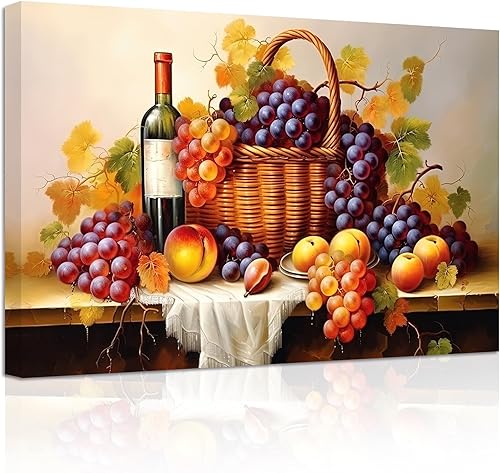 Miniatura 1 de ZXHYWYM Arte de pared para cocina, uvas y vino, impresiones en lienzo de frutas frescas para cocina, restaurante, comedor, decoración enmarcada (3,
