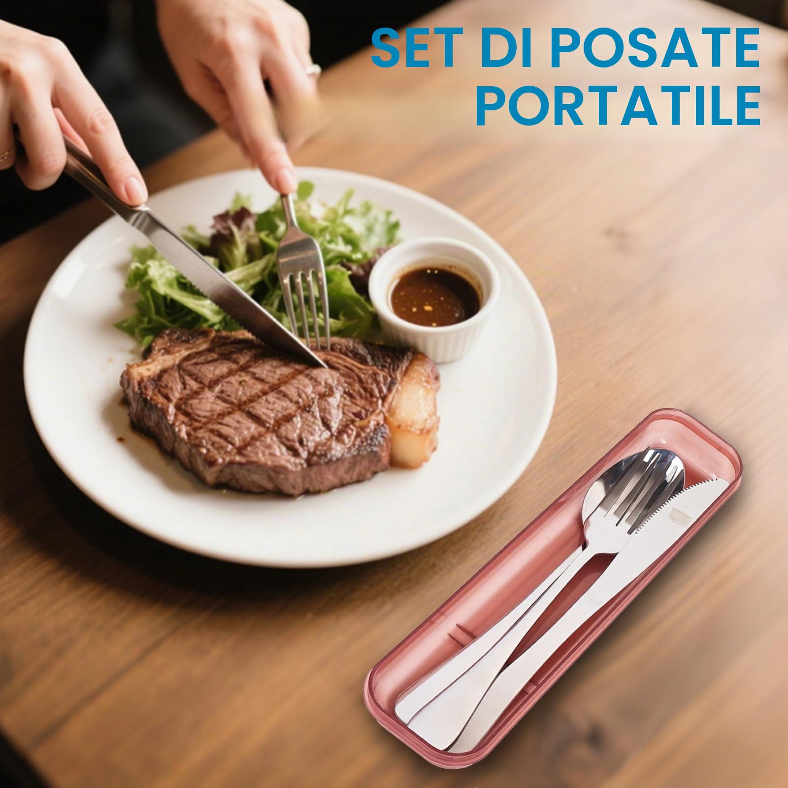 Set di stoviglie da campeggio per 2 persone, posate da viaggio in acciaio inox con custodia, cucchiaio, forchetta, coltello, posate da campeggio per viaggi, attività （Nero Verde）