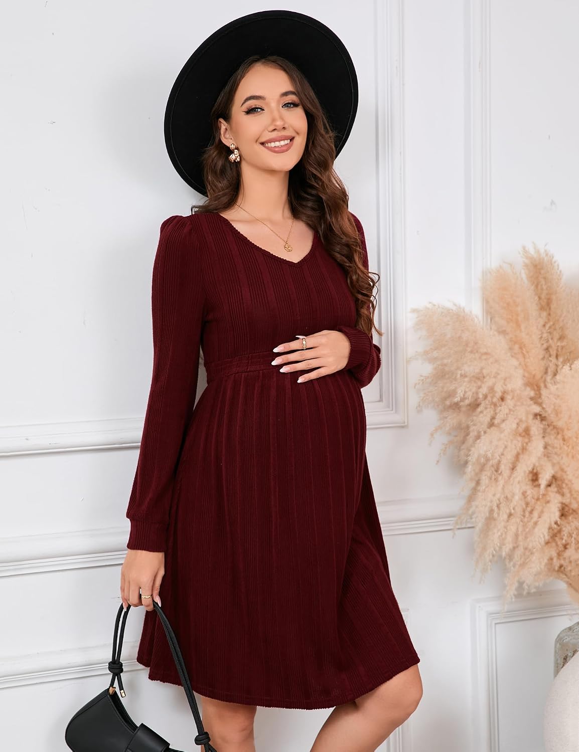 KOJOOIN Maternity V Neck Dress Women's Rib Knit Long Sleeve Midi Dress Photoshoot Baby Shower Sweater Fall Dresses