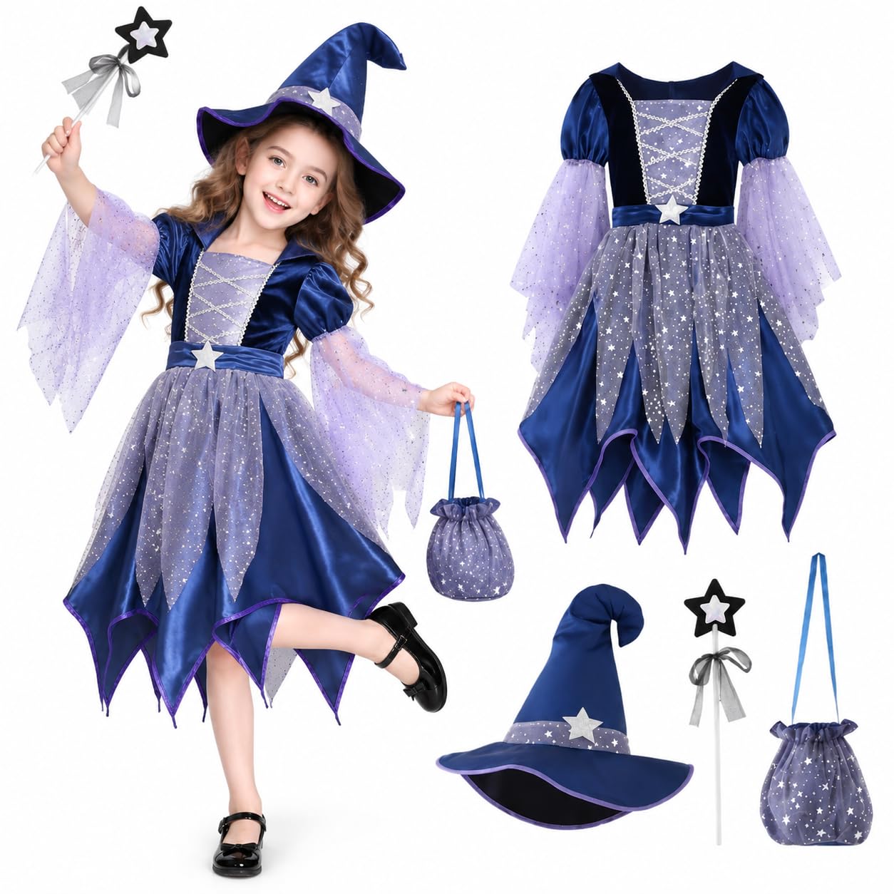 Kids Halloween Cosplay Costume Girls Witch Dresses with Hat, Bag and Magic Wand 4 Piece Set, Witch Dress Up Outfit for Girls, Kids Fancy Dress Tulle Tutu for Carnival Party Halloween Princess Cosplay