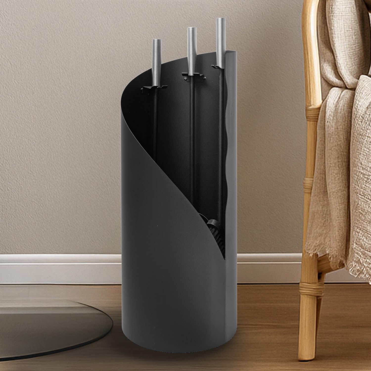 raik Kaminbesteck Fritz 3-teilig aus Stahl Kamingarnitur schwarz mit Edelstahlgriffen Schaufel Besen und Schürhaken minimalistisch und modern 61 cm
