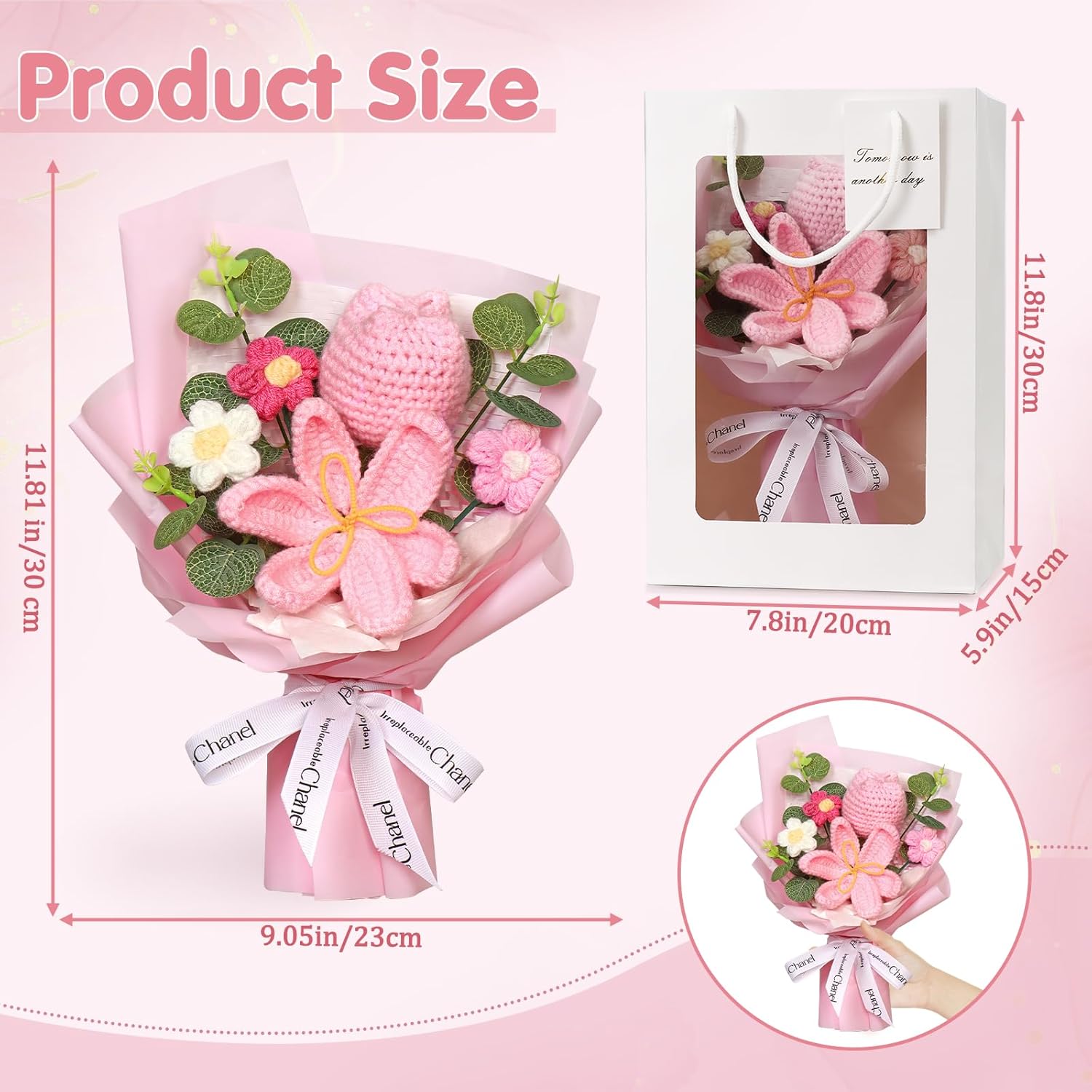 DEMIUKO Crochet Flower Bouquet, Pink Handmade Knitted Flower Bouquet Crochet Tulip Flowers Knitted Floral Gift for Valentines Day Lover Anniversary Mother’s Day Wedding Birthday Graduation(Deep Pink)