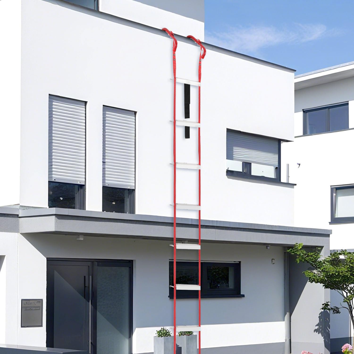 Échelle d'incendie pliable de 4,5 m - Poignée antidérapante en aluminium - Résistante à la rouille - Poids léger : 450 kg - Crochet réglable - Charge EN1147 - Certifié avec déploiement rapide