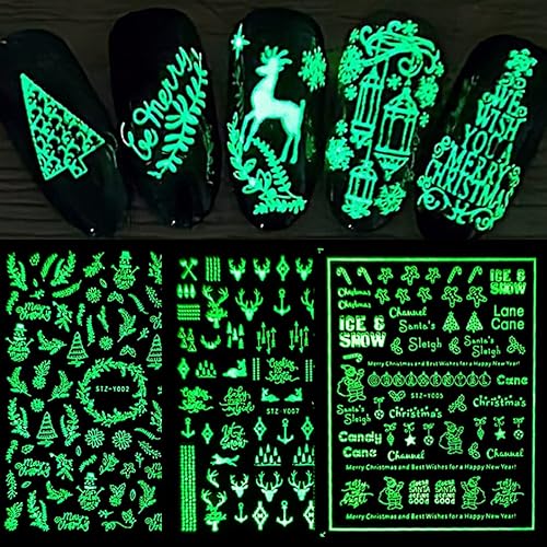 9 Hojas Pegatinas Uñas Navidad,Luminoso Etiqueta Adhesivos,3D Nail Art Stickers,Decorativa Etiqueta Adhesivos para Uñas,Snowflakes,Alce,árbol de Navidad,para DIY Diseño de Uñas Cover