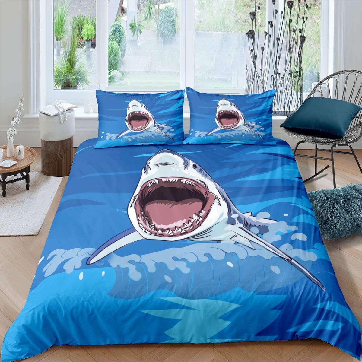 Shark Duvet Cover Set Ocean Marine Life Bedding Set for Kids Boys Girls Sea Creature Sealife Wave Surfing Comforter Cover Aquatic Animal Quilt Cover Bedroom Collection 3Pcs Double,Blue — image 1