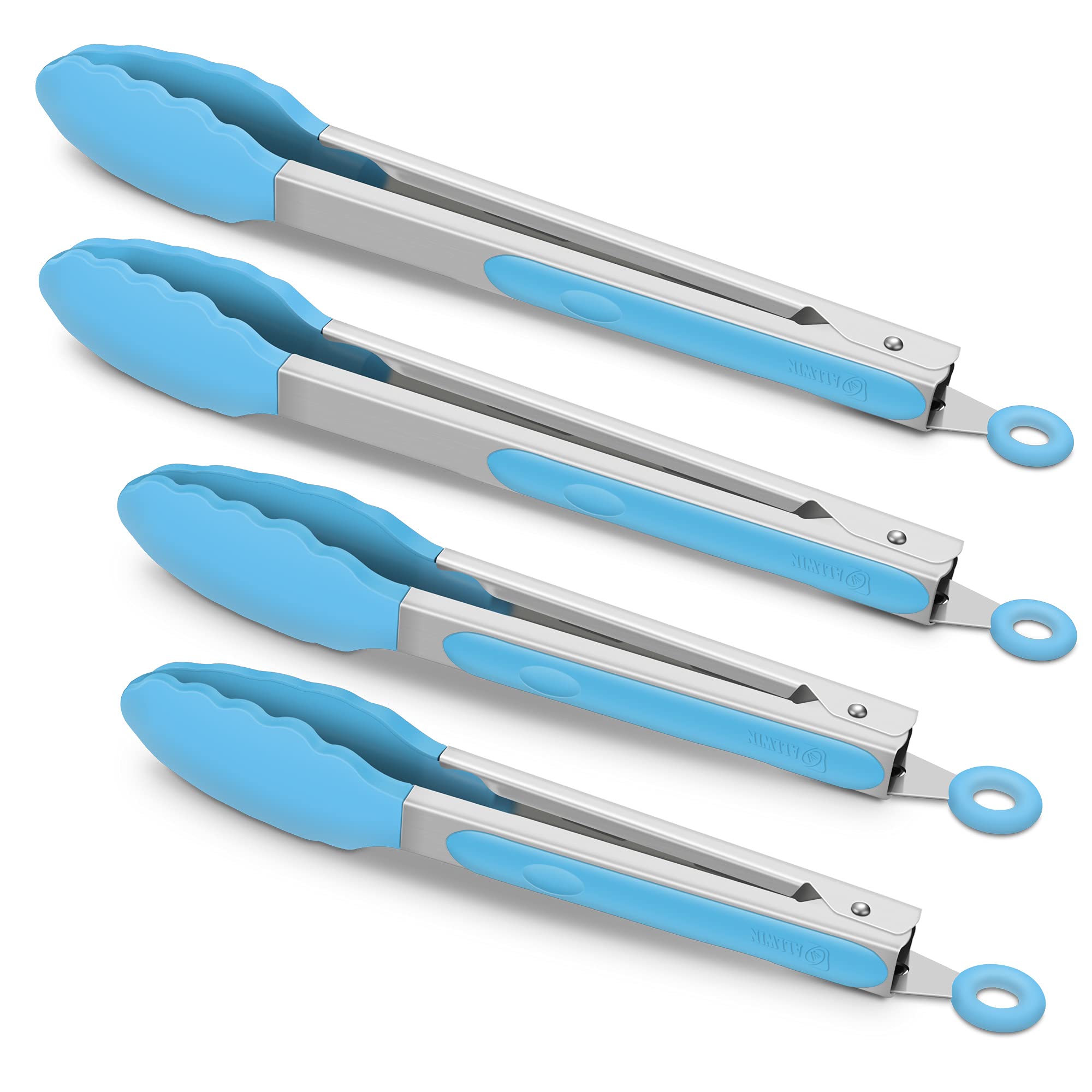 Paquete de 4 pinzas de cocina azules, silicona premium, sin BPA, antiadherente, de acero inoxidable, para cocinar a la parrilla, pinzas para alimentos, 22 cm y 30 cm