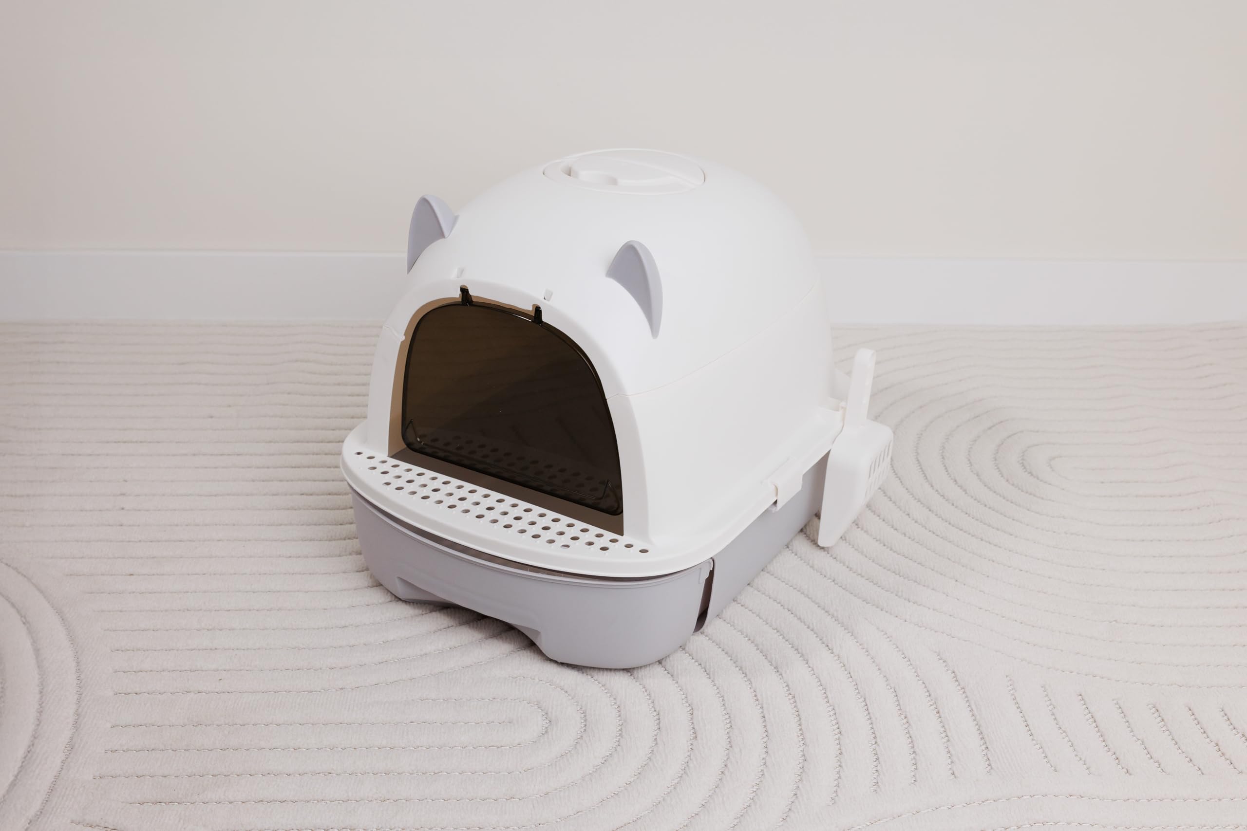Arenero para Gatos Cubierto Caja de Arena Cerrado con Tapa Removible Bandeja Extraíble Filtro de Carbono Pala y Plataforma Antirastros 52x39x40,5 cm Blanco y Gris