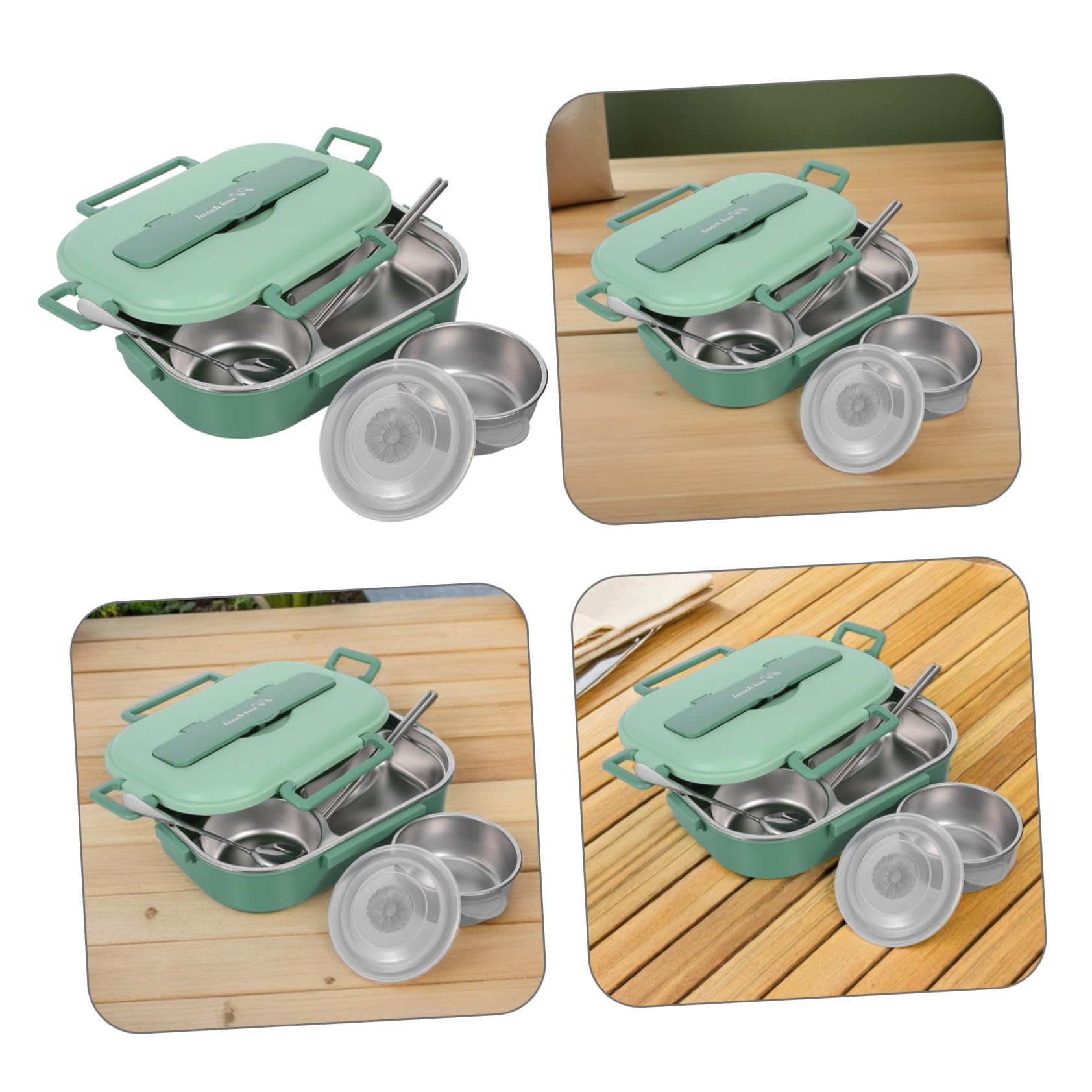 Fiambrera Bento para Adultos de Acero Inoxidable 1500ml, 4 Compartimentos | Verde, Hermética y Dividida, Incluye Tazón para Sopa, Vajilla, Palillos y Cuchara, Decoracion Colegio
