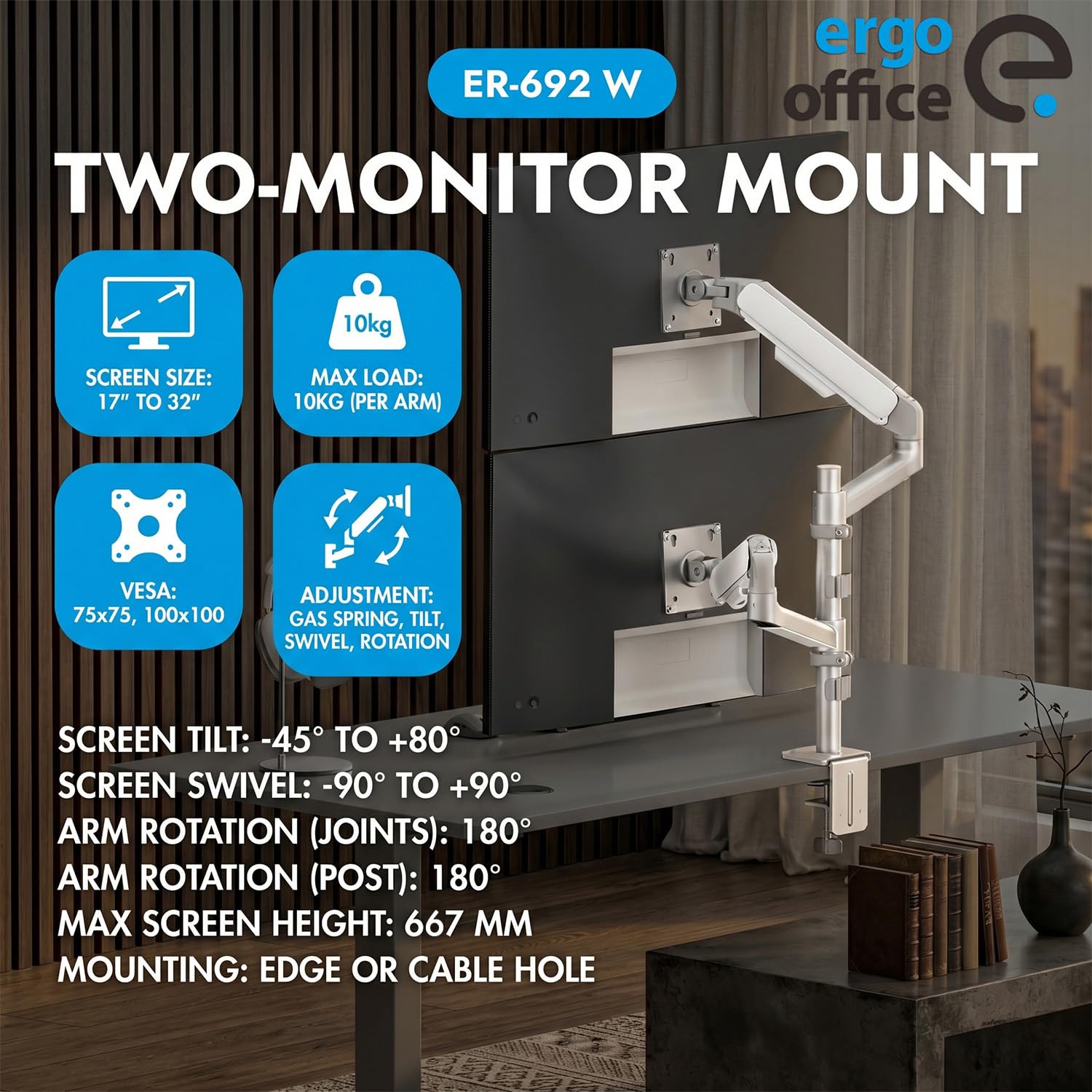 Supporto per 2 monitor Ergo Office (17-32 pollici), doppia molla a gas, VESA 75 x 75, 100 x 100, 2 x 10 kg, regolazione in altezza, rotazione, inclinazione, montaggio sul piano del tavolo (bianco)