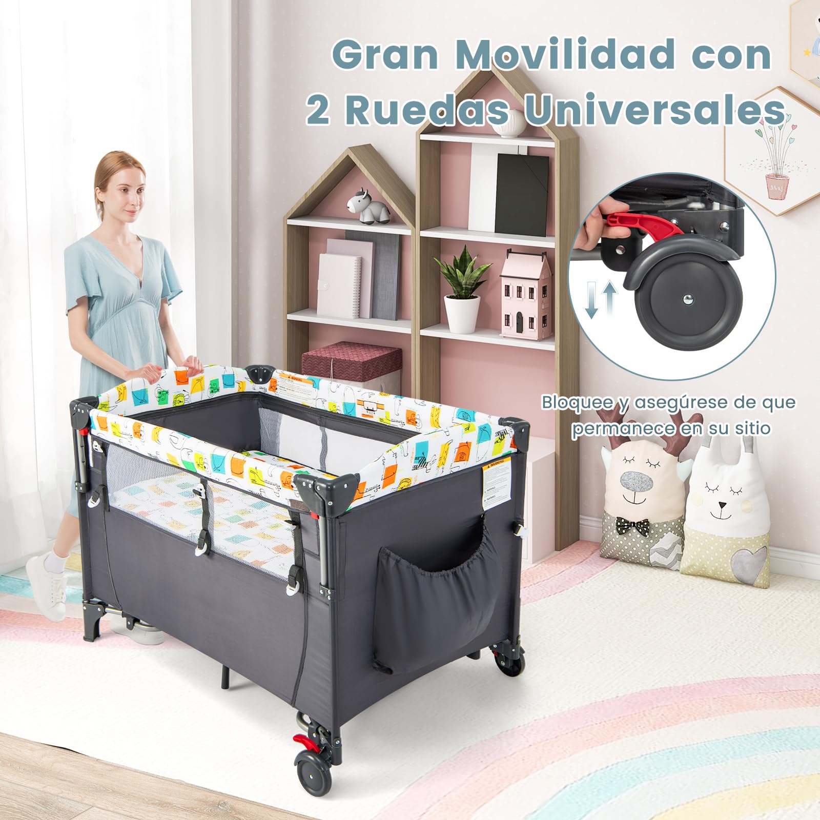 GOPLUS Cuna de Viaje Bebe 5 en 1 con Cambiador, Colchón, Juguetes Colgantes, Caja de Música, Altura Ajustable, Ruedas, Centro de Actividad, Cama Plegable para Bebé 0-3 Años, Carga 15 kg (Gris)