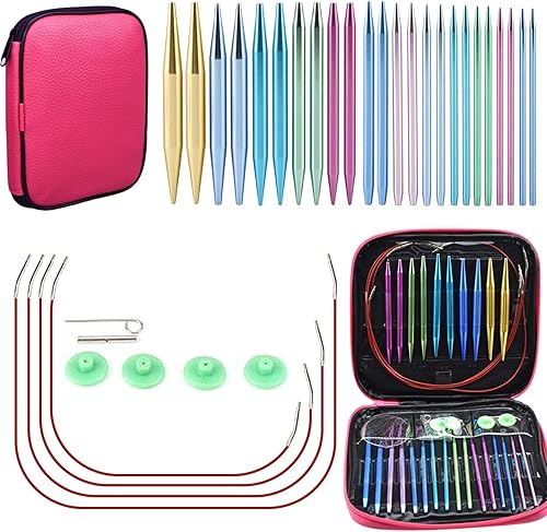 Nikou Juego de agujas de tejer circulares con asas ergonómicas, 13 tamaños intercambiables de aluminio para tejer, juego de agujas de tejer