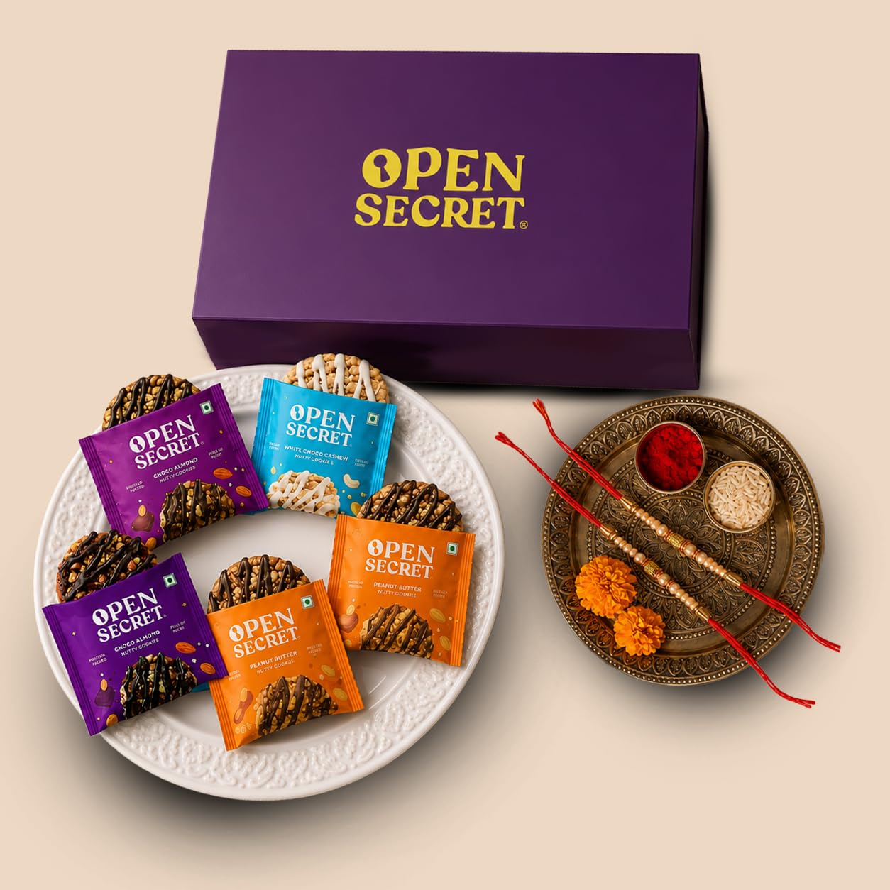 Open Secret Rakhi Set for Brother | Combo of 6 | Rakhi Gift for Brother & Bhabhi, Gift Hamper, Rakshabandhan Gifts for Sister, Assorted Cookies with Rakhis & Roli Chawal Tilak Set-image-5