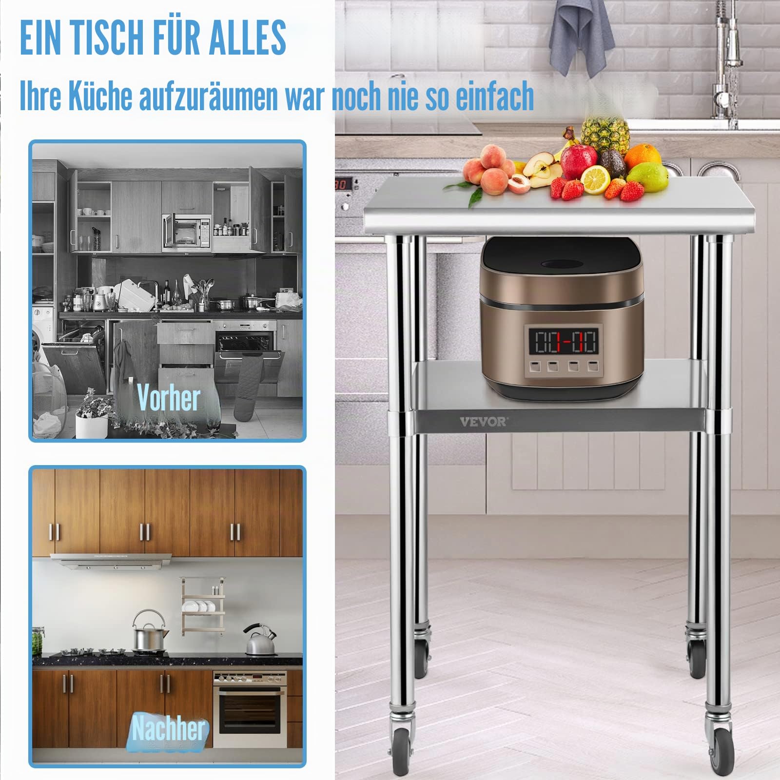 VEVOR Kommerzieller Edelstahltisch 61 x 61 x 91,4 cm, Rollbarer Zweilagiger Arbeitstisch Zerlegetisch Gastro 181,4 kg + 91 kg Tragfähigkeit, Gewerbe Küchentisch, Zubereitungstisch Küchenmöbel