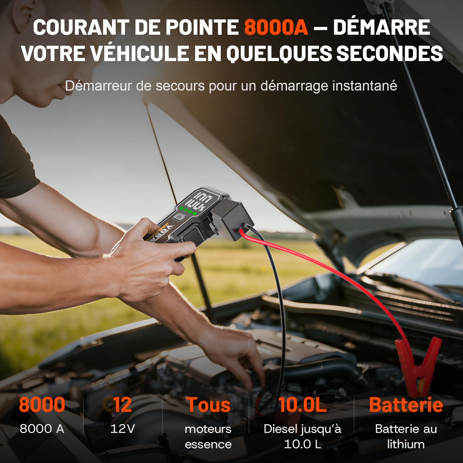YDBAO Booster Batterie Voiture 8000A 12V Démarreur de Voiture Portable (Jusqu'à Toute Essence ou 10L Diesel) Jump Starter avec Pince Intelligente Écran LCD Lumière LED Protection Auto Moto SUV Camion
