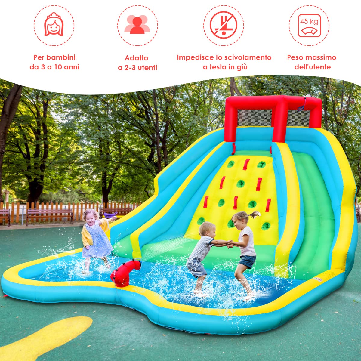 COSTWAY Castello Gonfiabile per Bambini, Parco Acquatico Gonfiabile con 2 Scivoli, Piscina, Parete di Arrampicata, Cannone, Borsa di Trasporto e Kit di Riparazione, 452x365x233 cm (Con Soffiatore)
