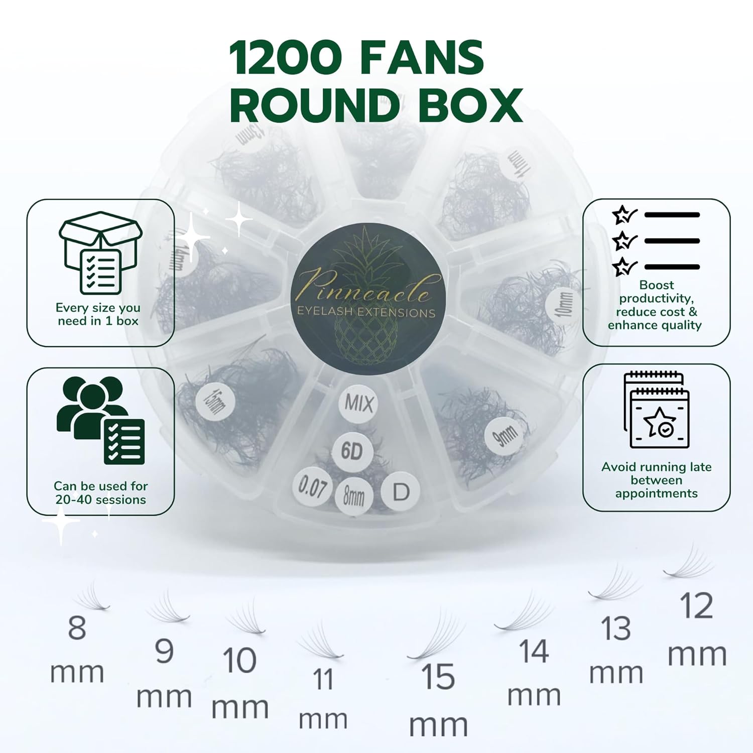 1200 Promade Volume Fans 8 sizes-in-1 round mixed box | Includes lengths from 9-16mm | 6D Volume 0.07 | Handmade Premade fans for professional eyelash extension with skinny base (D Curl)