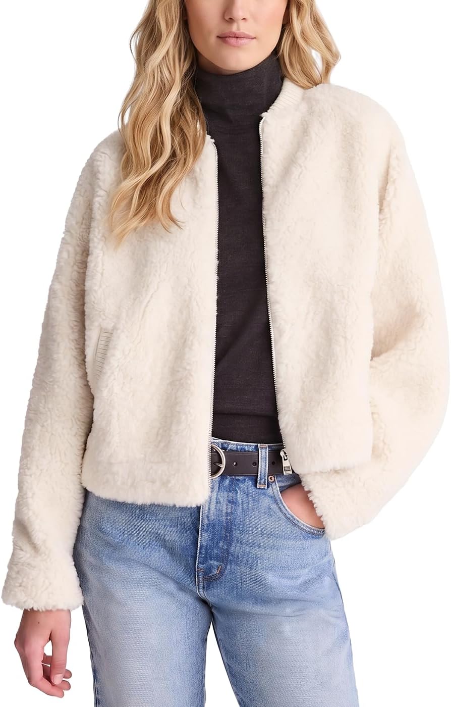 Fenclushy Sherpa Jacket Women Fleece Bomber Zip Up Winter Coat(Beige,XS) | Fuzzy Sherpa Fleece Zip Up Jacket Casual Crop Bomber Coat Warm Outerwear Outer Shell Ribbed Collar Side Pockets Daily Travel