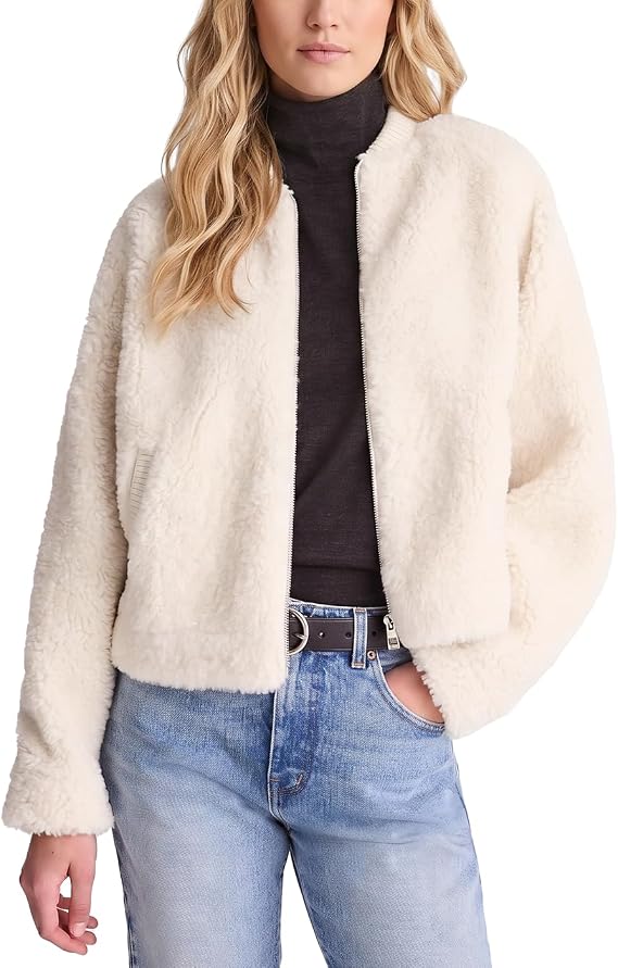 Fenclushy Sherpa Jacket Women Fleece Bomber Zip Up Winter Coat | Fuzzy Sherpa Fleece Zip Up Jacket Casual Crop Bomber Coat Warm Outerwear Outer Shell Ribbed Collar Side Pockets Daily Travel