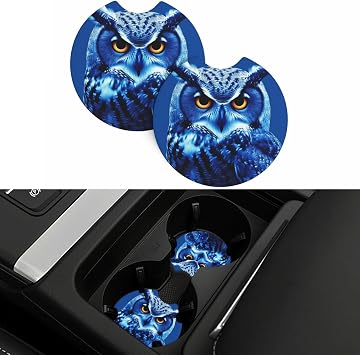 Car Coasters 2 Pack Blue Owl Car Cup Holder Coasters Non-Slip Drink Coasters Absorbent Insert Cup Pads Rubber Car Cup Mat Universal Car Interior Accessories for Most Vehicle