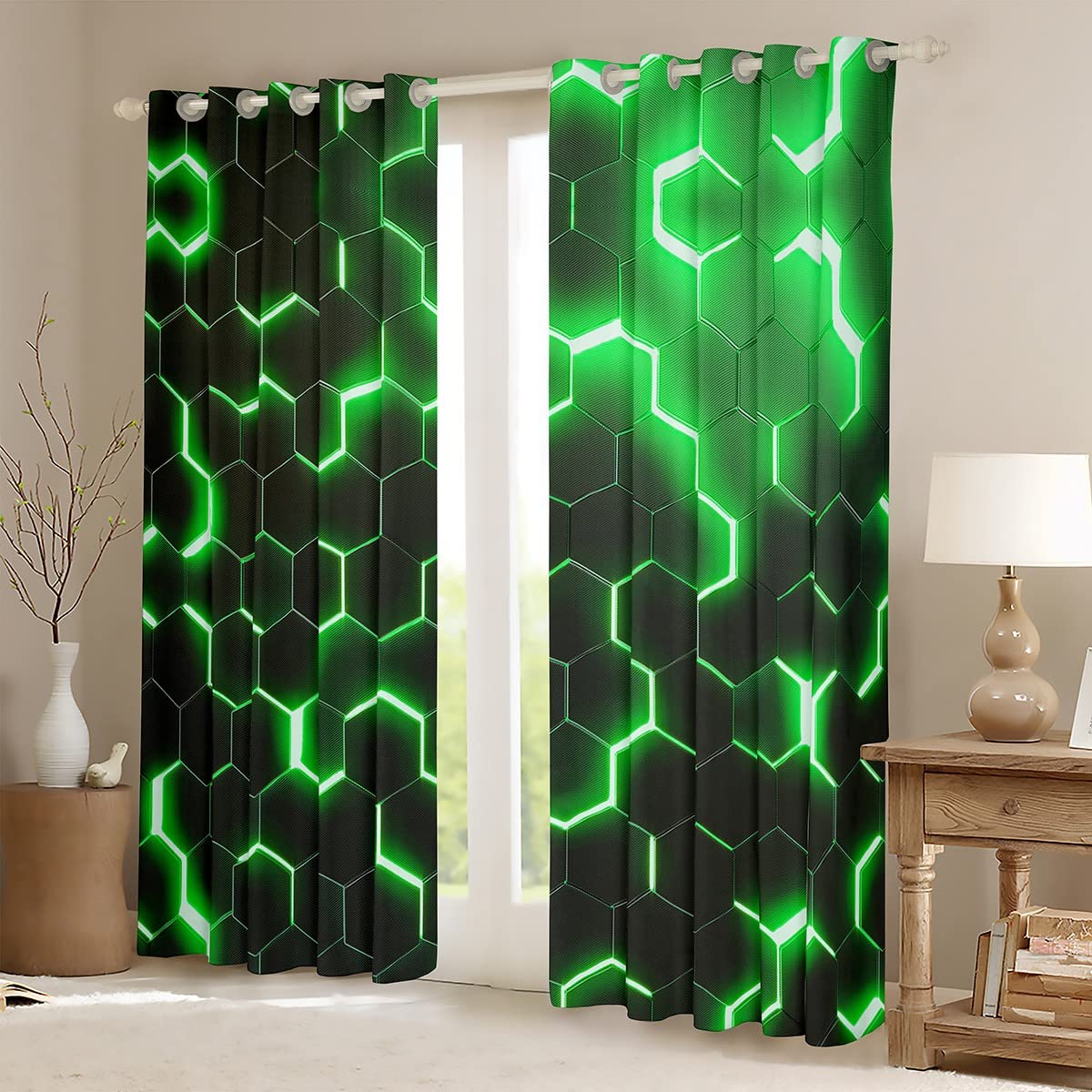 3D Honeycomb Curtains for Bedroom Hexagon Window Treatment Glitter Window Drapes Dark Green Window Draperies for Kids Boys Girls Adults W66*L90 - Image 2