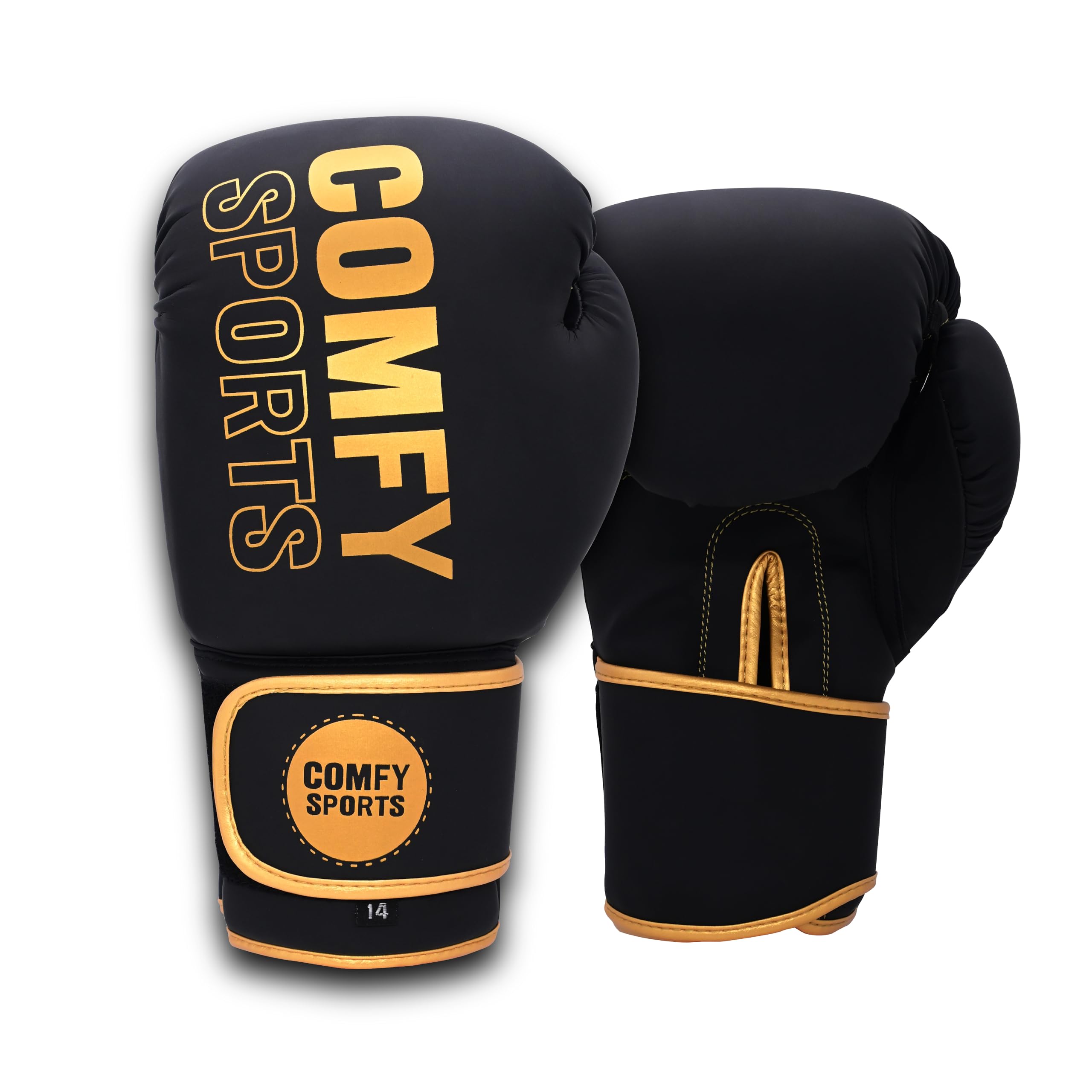 Comfy Boxing Gloves, Pro Training Sparring, Muay Thai MMA Kickboxing, Maya Hide, Leather Men Women Adult Kids, Heavy Punching Bag Mitts Pads Workout Gloves 10,12,14,16 oz (Gold/Black, 14 oz)