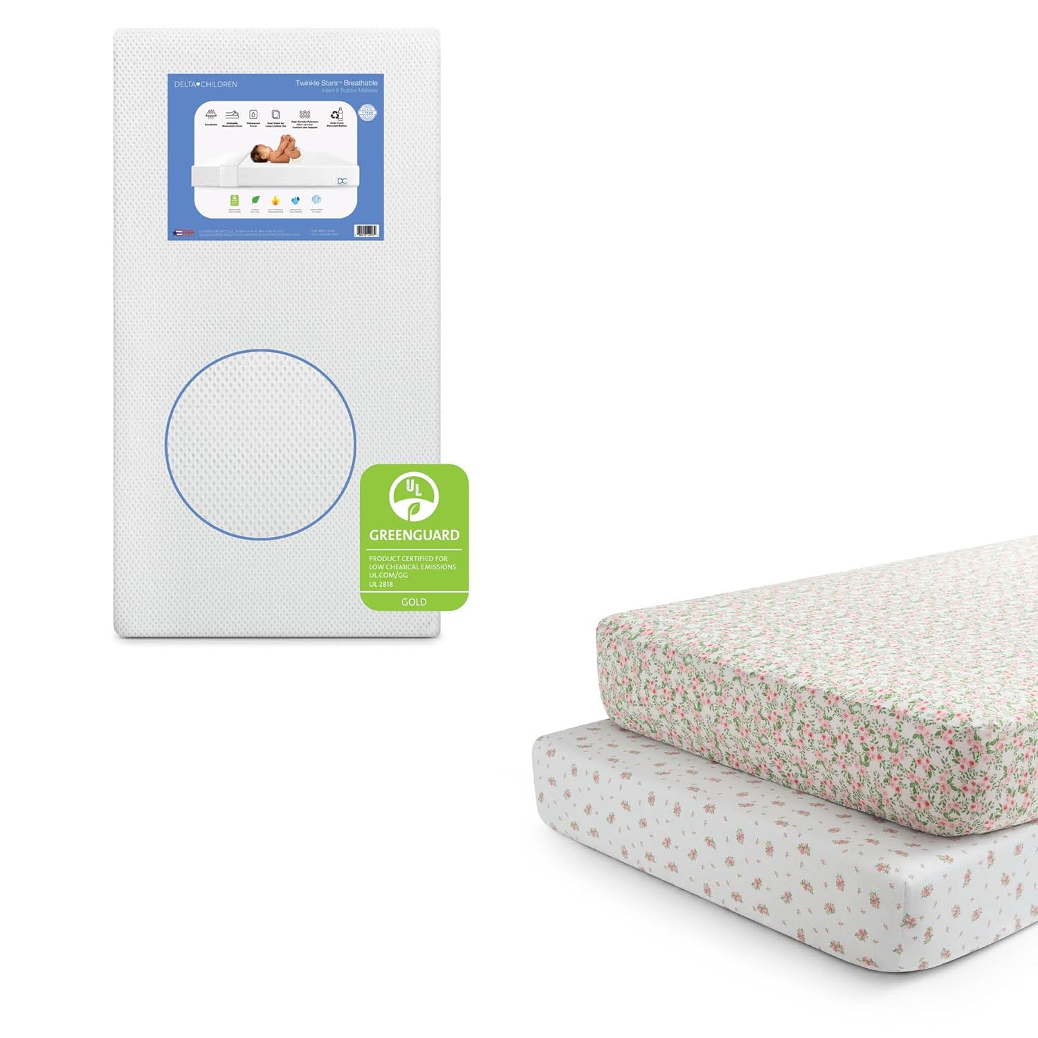 Delta Children Twinkle Stars Breathable Baby Bed Crib Mattress and Toddler Mattress, White + Delta Children Fitted Crib Sheets for Girls and Boys (Pack of 2), Pink Floral (Bundle)